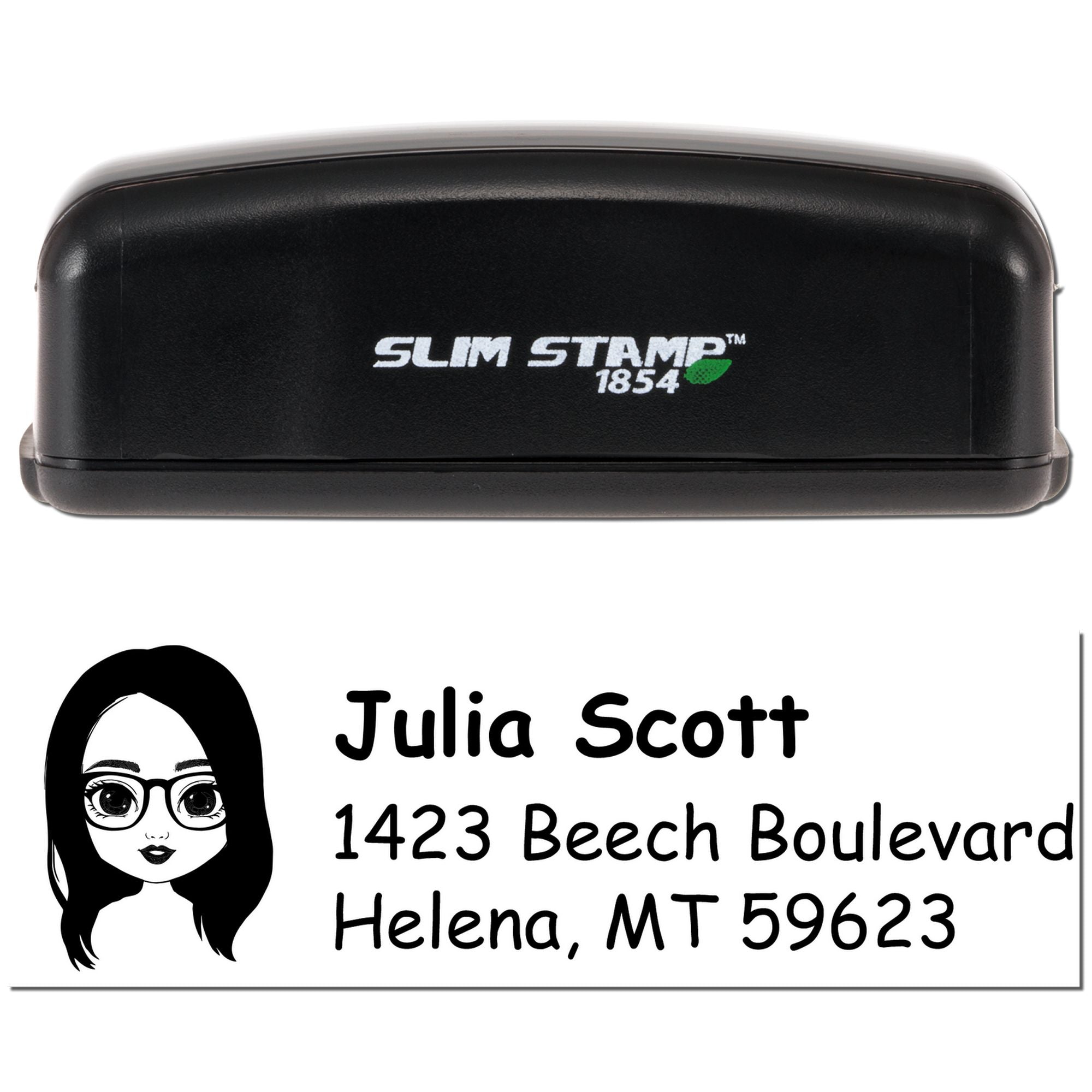 Slim Stamp 1854 self-inking rubber address stamp with custom avatar, name, and Helena, MT return address for mailing.