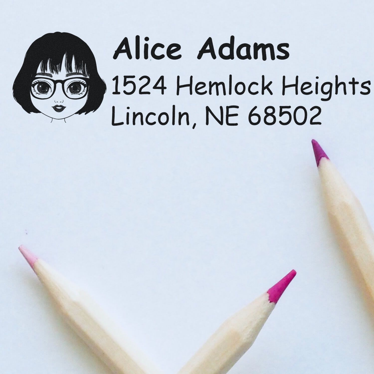 Personalized return address rubber stamp for Alice Adams, Lincoln, NE 68502, ideal for mailing envelopes and packages.