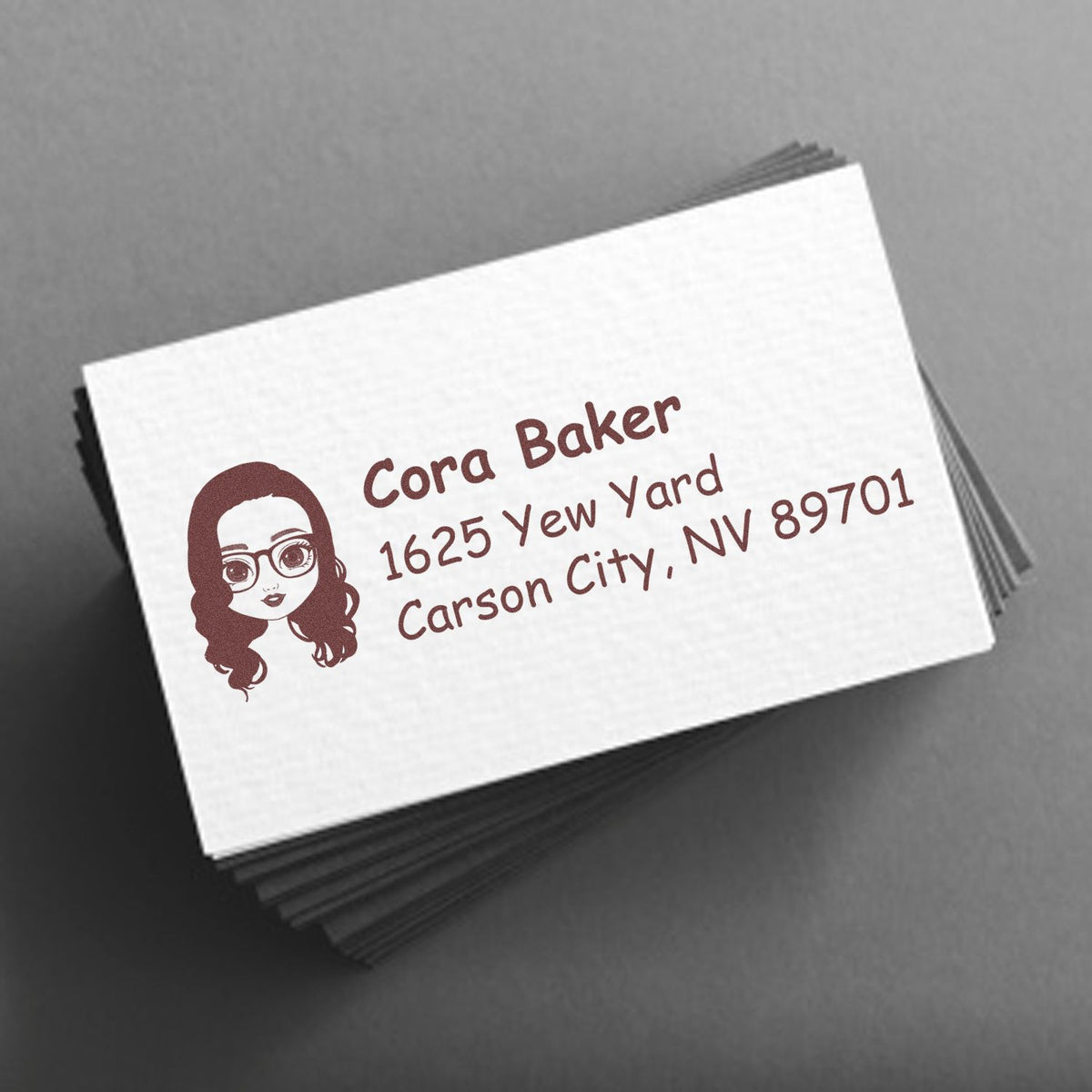 Personalized return address rubber stamp with illustrated avatar, ideal for custom mailing labels and stationery.