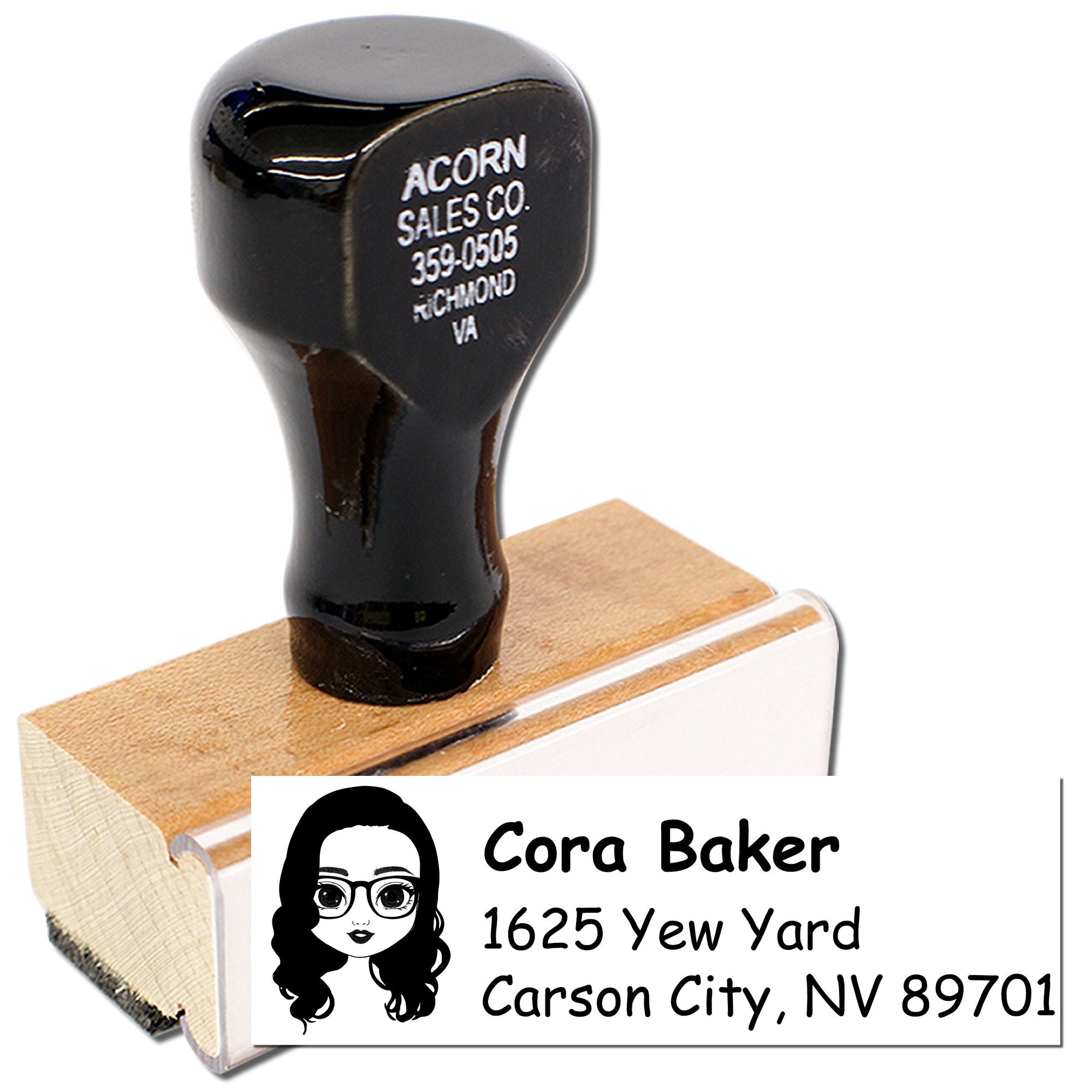Custom address rubber stamp for Cora Baker, Carson City NV, with personalized return address imprint.