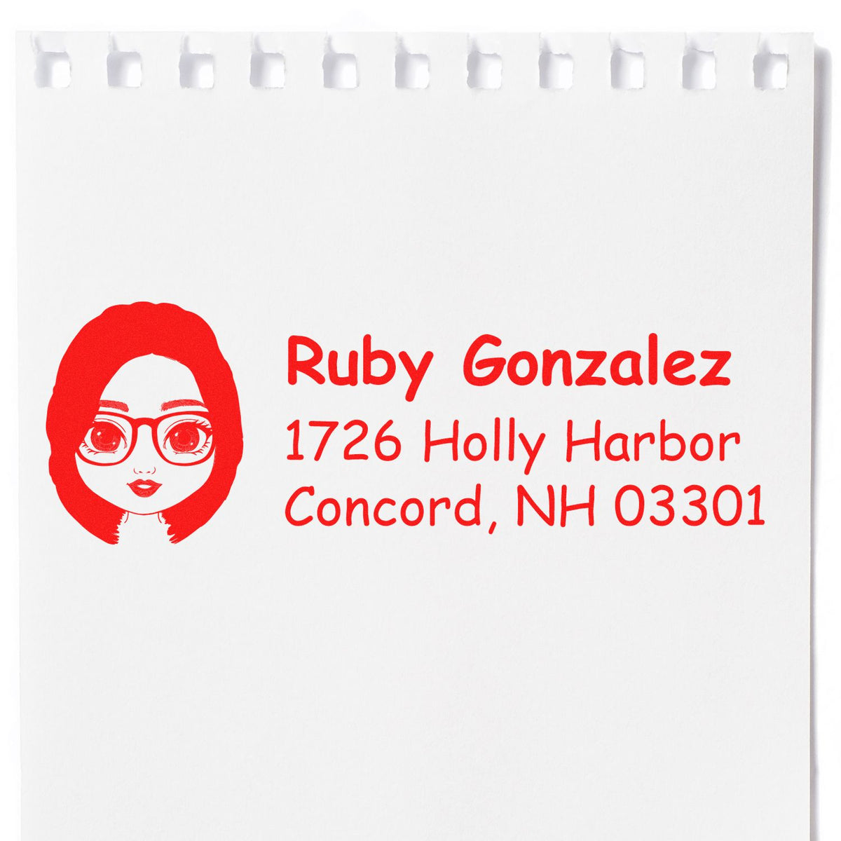 Custom return address rubber stamp with avatar logo for Ruby Gonzalez, 1726 Holly Harbor, Concord, NH 03301.