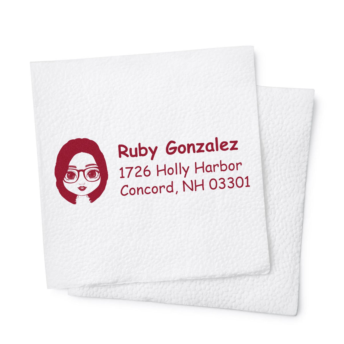 Custom return address rubber stamp with female avatar, Ruby Gonzalez name, and Concord, NH mailing address.