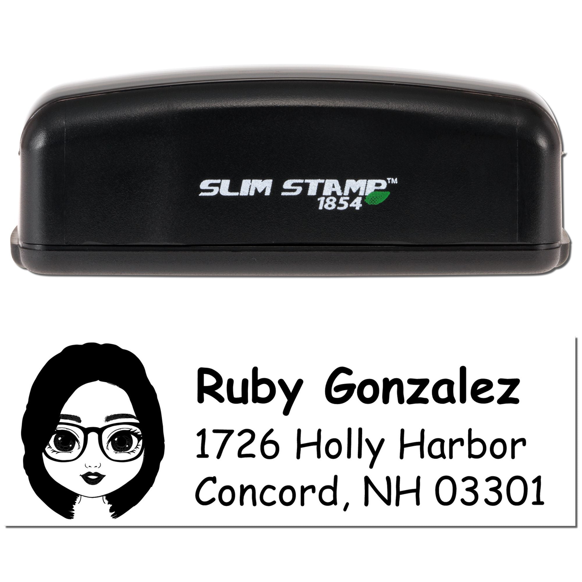 Slim Stamp 1854 personalized return address rubber stamp with custom name, address, and avatar logo for envelopes.