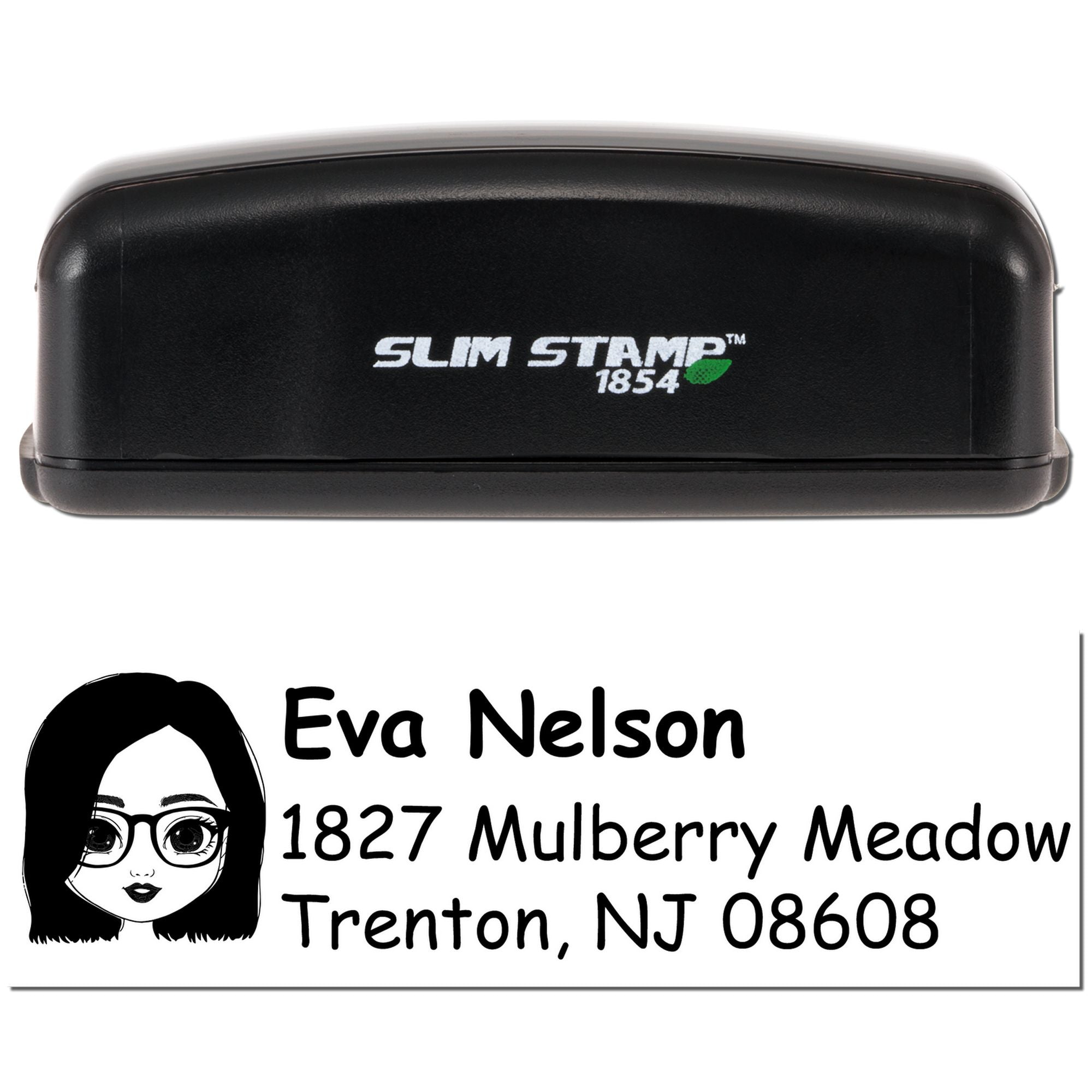 Slim Stamp 1854 self-inking rubber stamp with custom return address design for Eva Nelson, Trenton NJ 08608