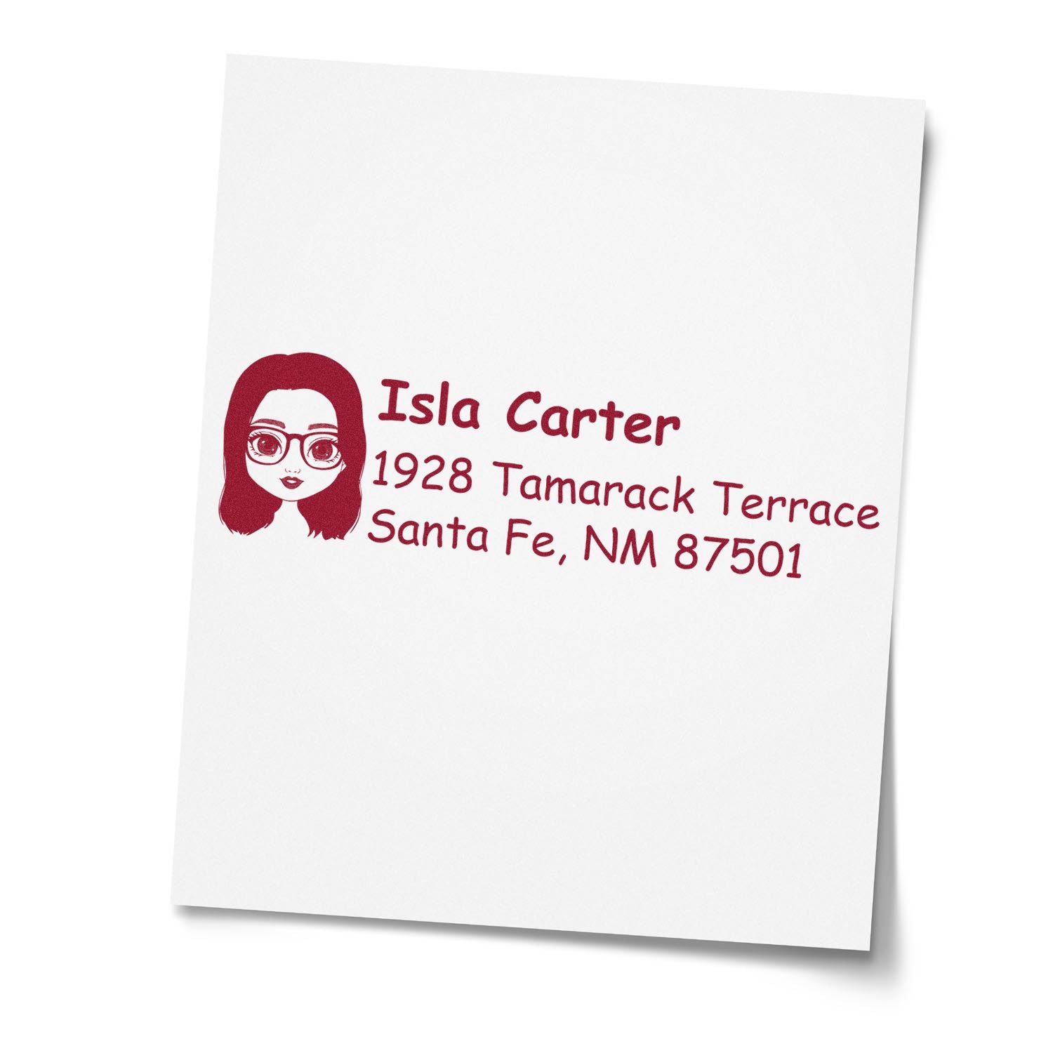 Custom rubber address stamp with illustrated portrait, personalized name, and Santa Fe, NM return address.