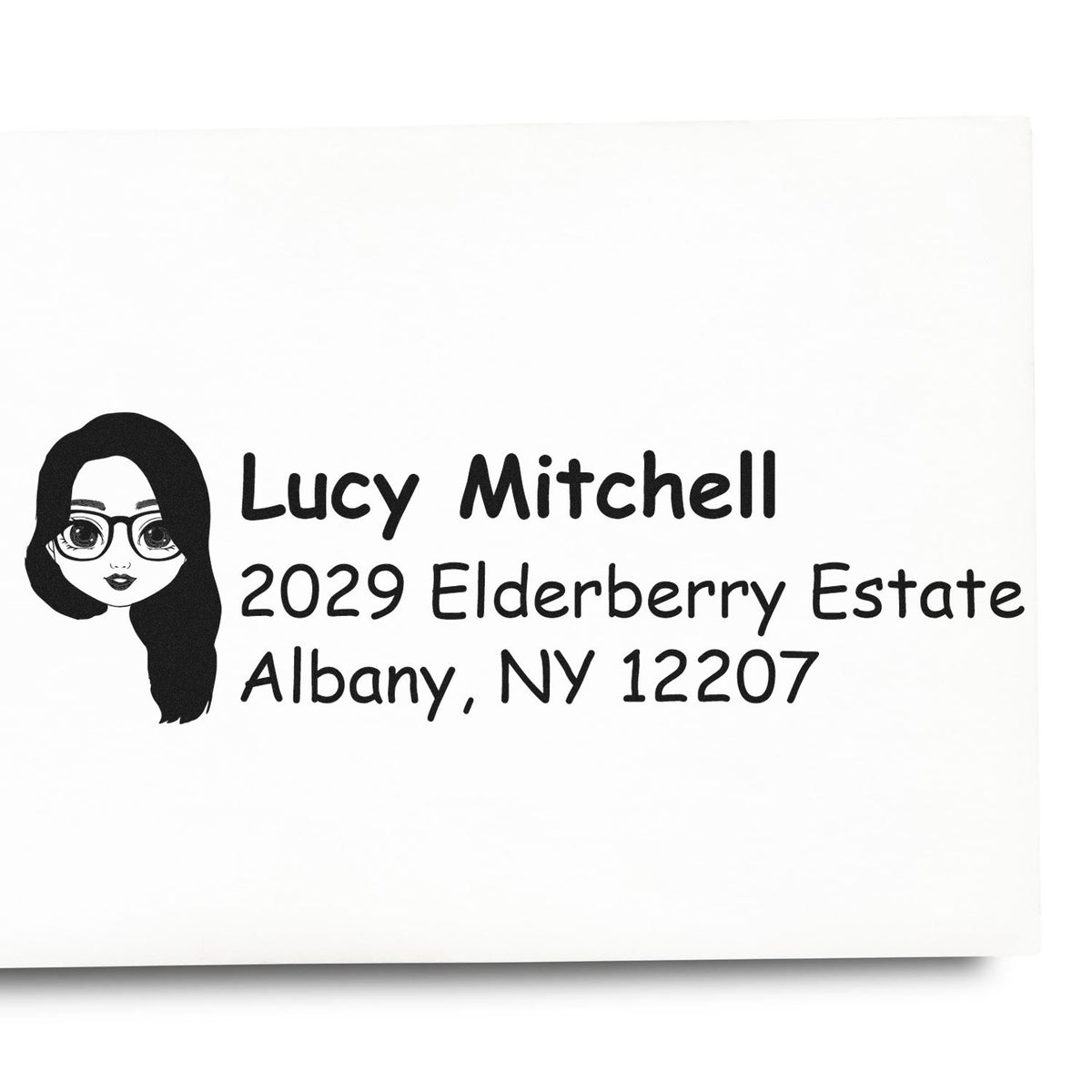 Personalized address rubber stamp with portrait, Lucy Mitchell, 2029 Elderberry Estate, Albany, NY 12207