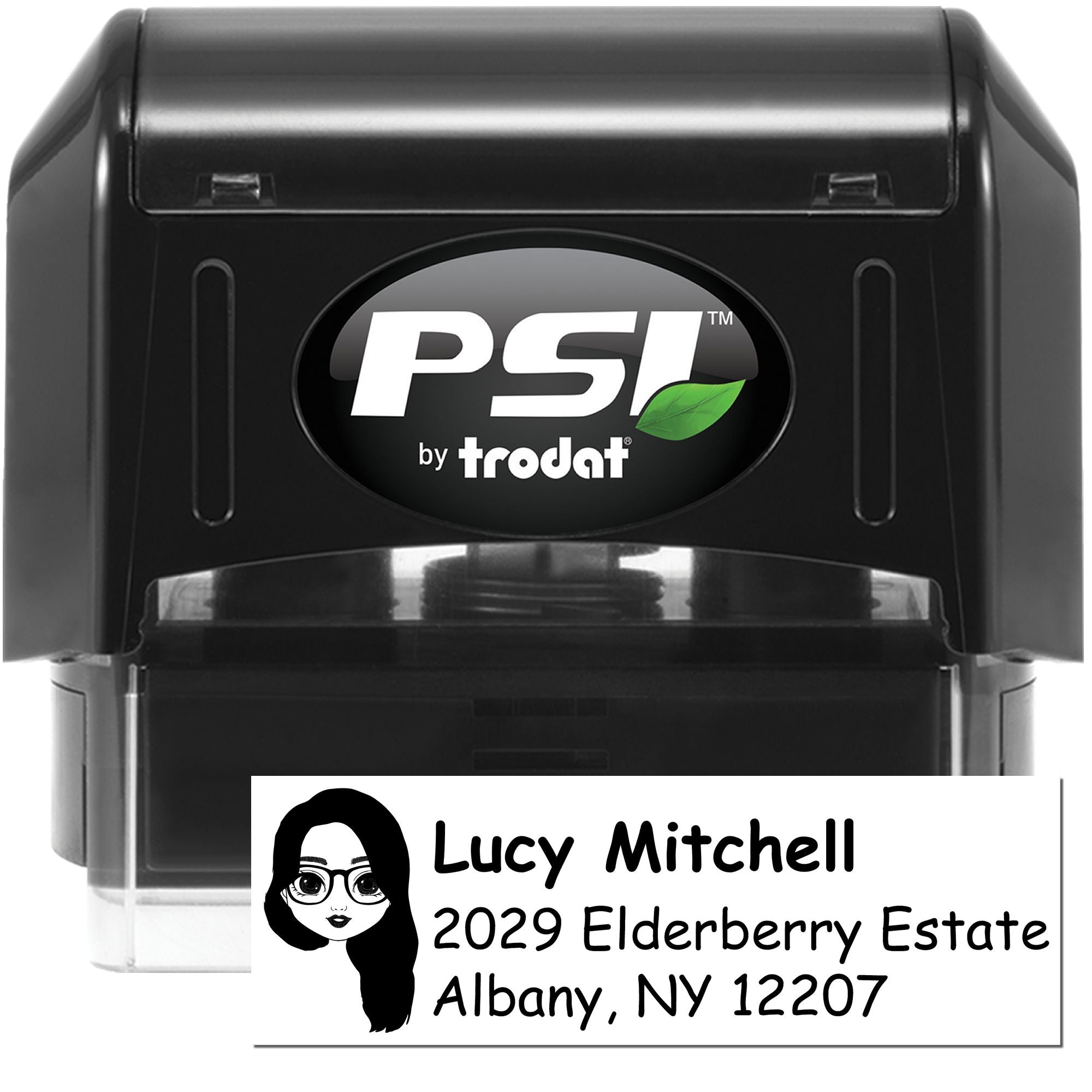PSI by Trodat self-inking custom rubber address stamp with personalized imprint for Lucy Mitchell, Albany, NY 12207