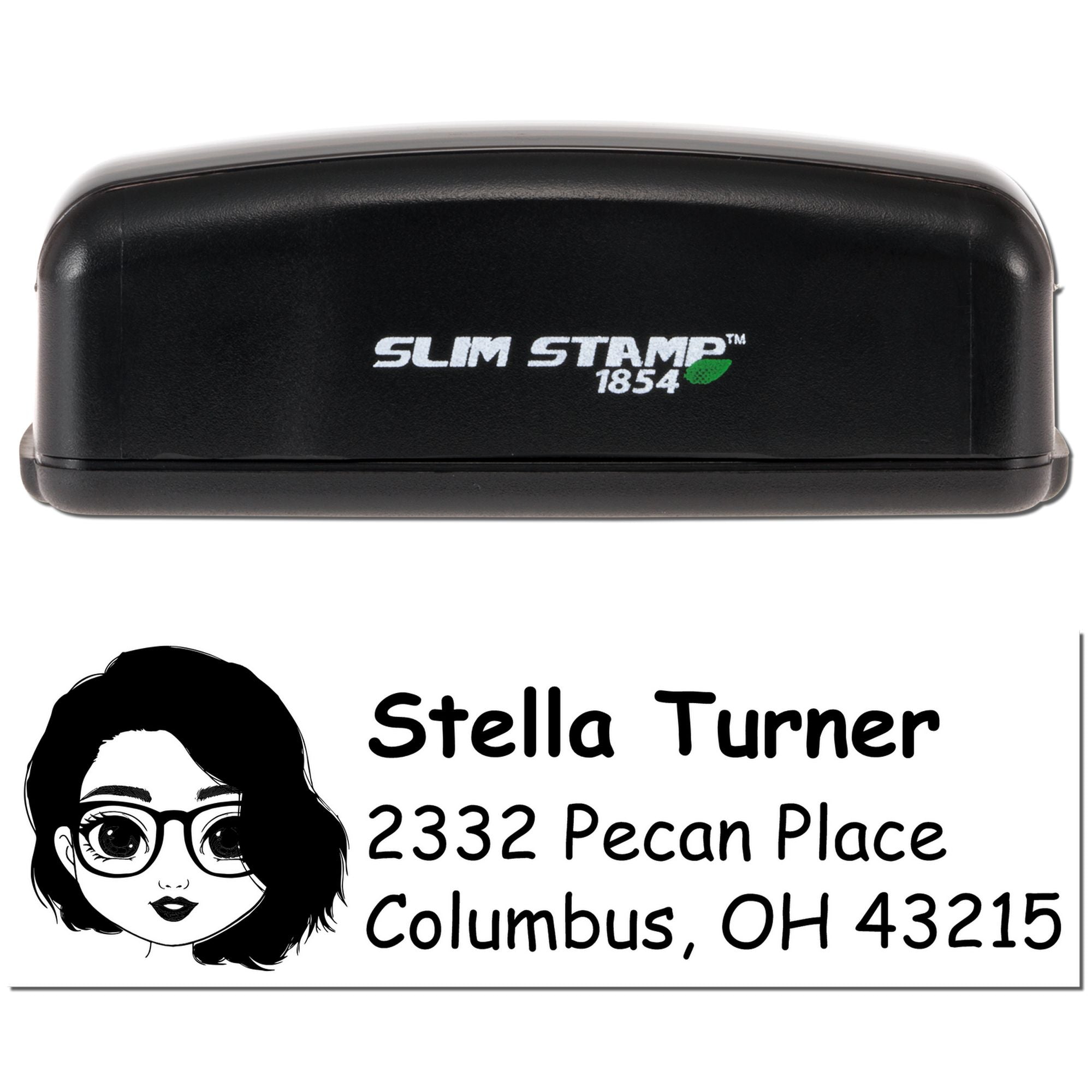 Custom self-inking address rubber stamp with Slim Stamp 1854 case and personalized name and address imprint.