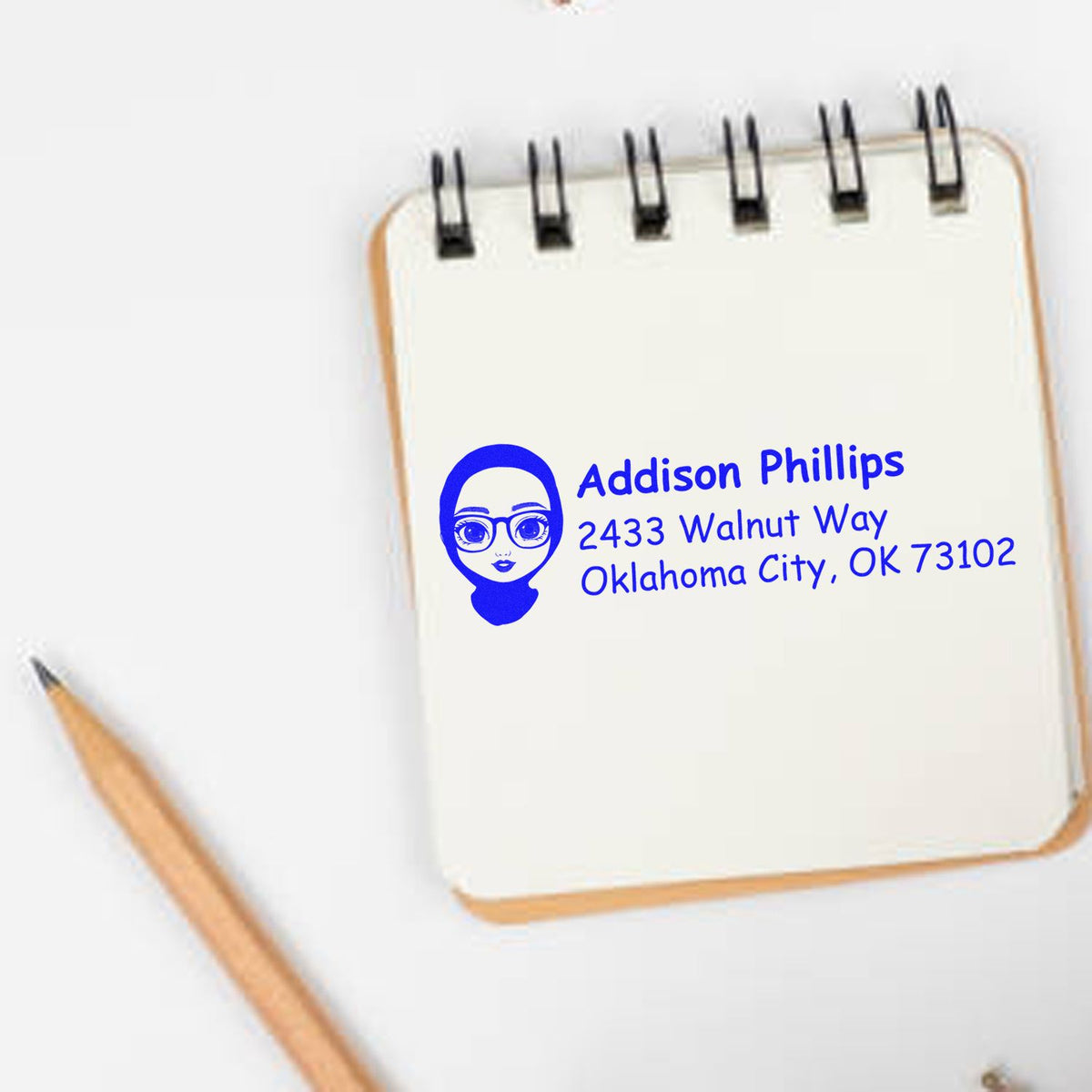 Personalized address rubber stamp for Addison Phillips with Oklahoma City, OK mailing address and avatar icon