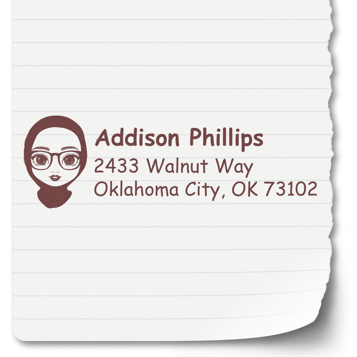 Custom return address rubber stamp with avatar, name Addison Phillips, and Oklahoma City, OK address.