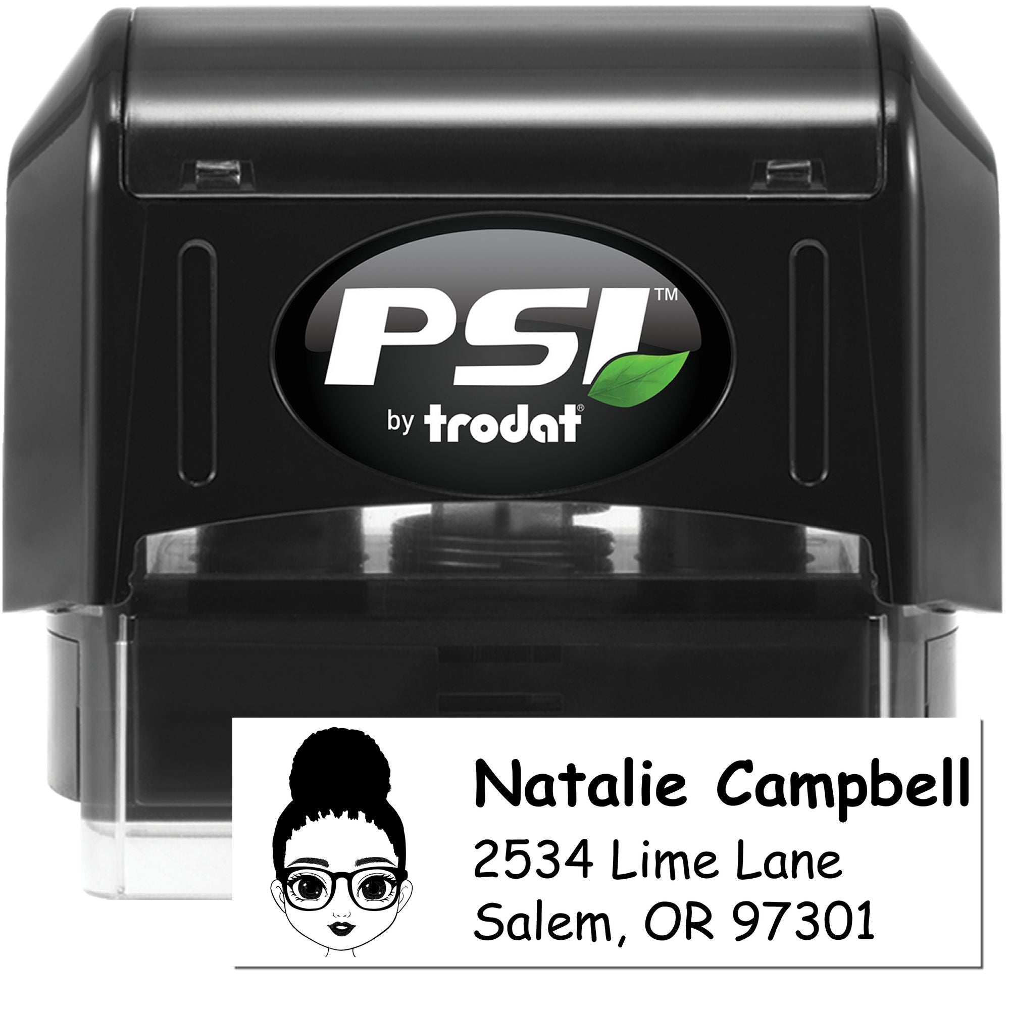 PSI by Trodat self-inking rubber address stamp with custom name and return address imprint for mail and business use.