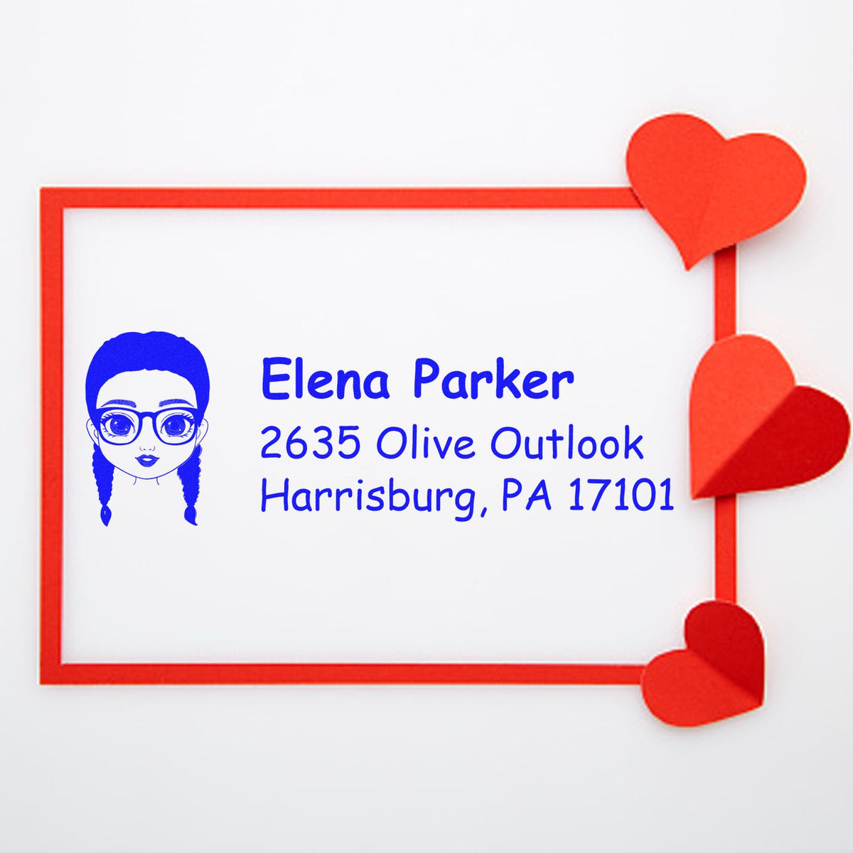 Personalized address rubber stamp with heart design for Elena Parker, Harrisburg, PA 17101