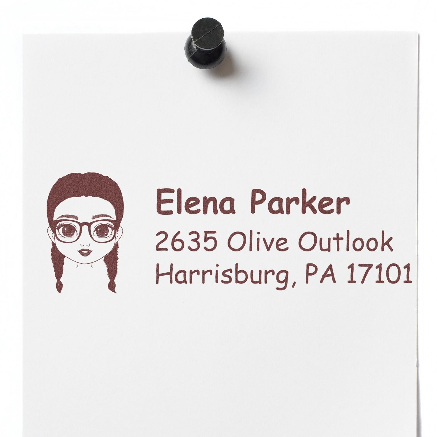 Personalized return address rubber stamp with avatar for Elena Parker, 2635 Olive Outlook, Harrisburg, PA 17101.