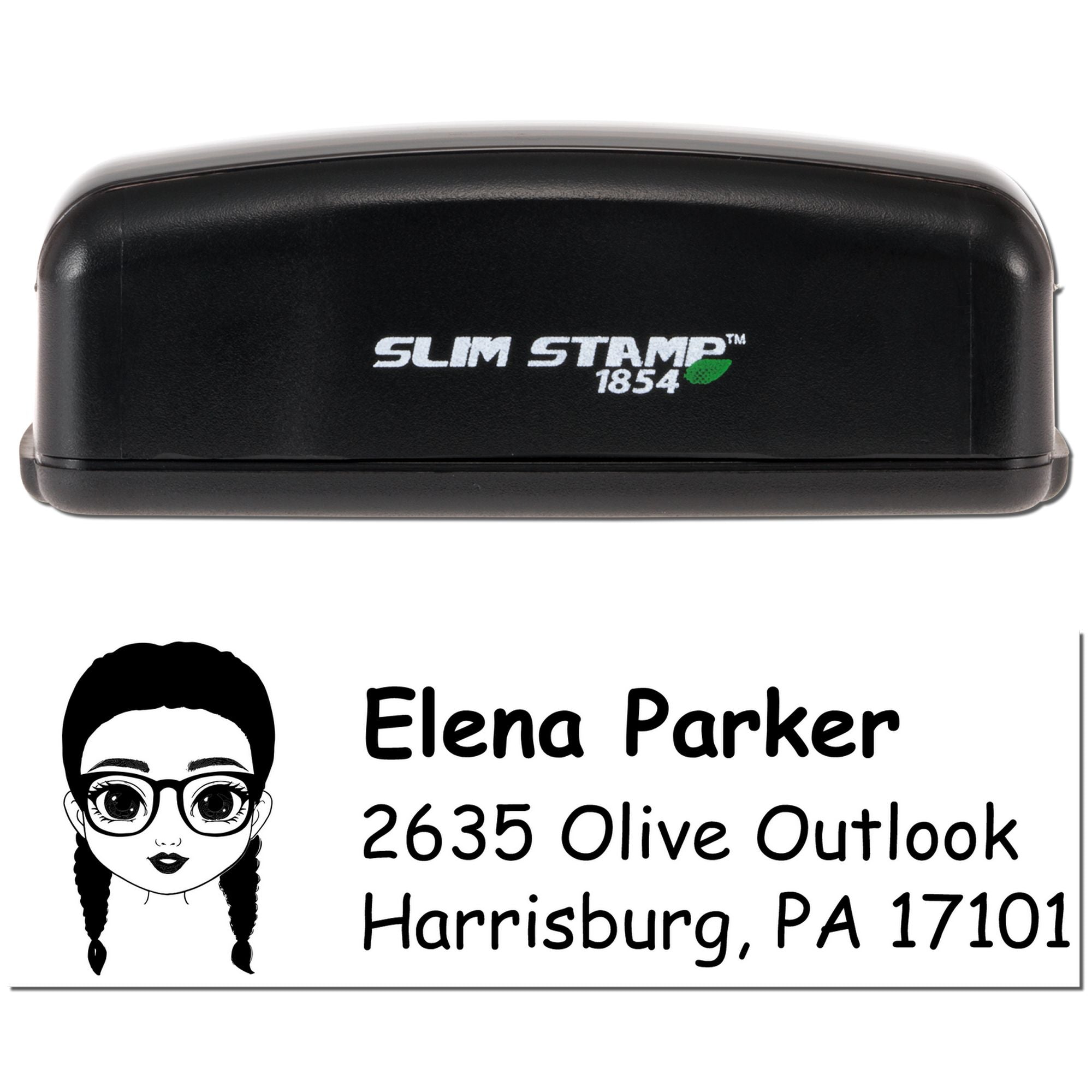 Custom self-inking return address rubber stamp for Elena Parker, Harrisburg, PA 17101, with illustrated portrait.