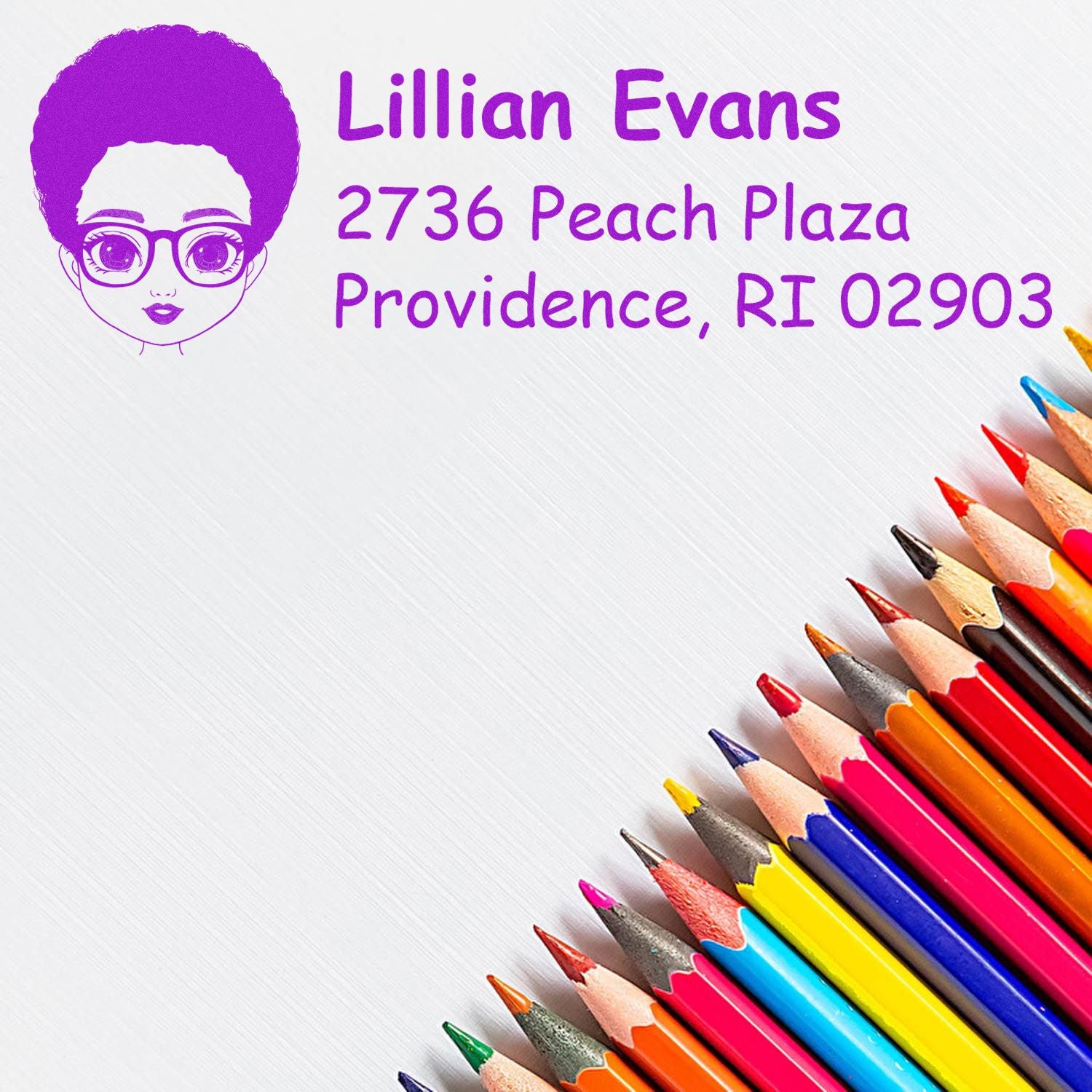 Custom address rubber stamp with illustrated woman logo and Lilian Evans, Providence, RI mailing address.