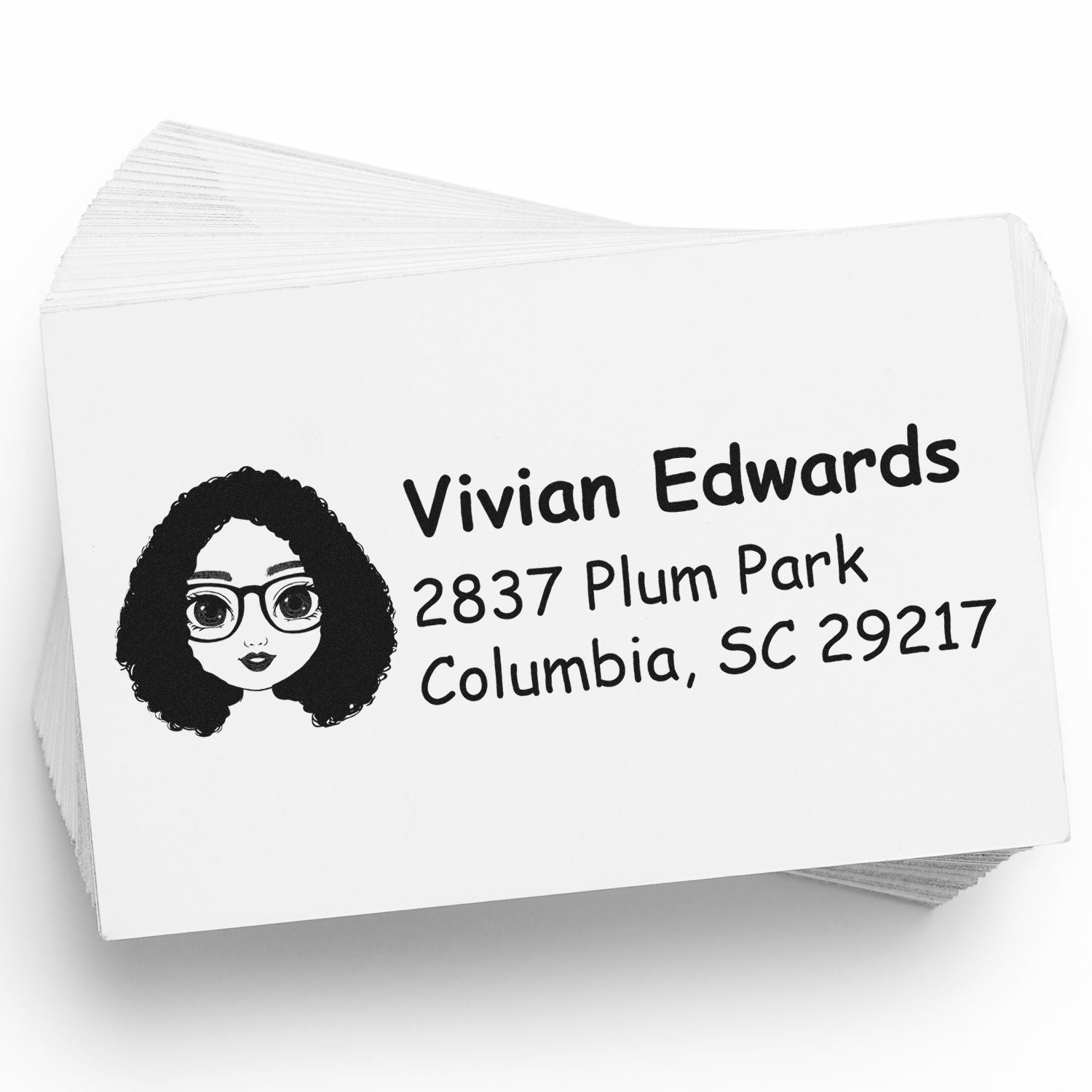 Custom address rubber stamp with illustrated avatar, personalized name, and Columbia, SC return address for mailing.