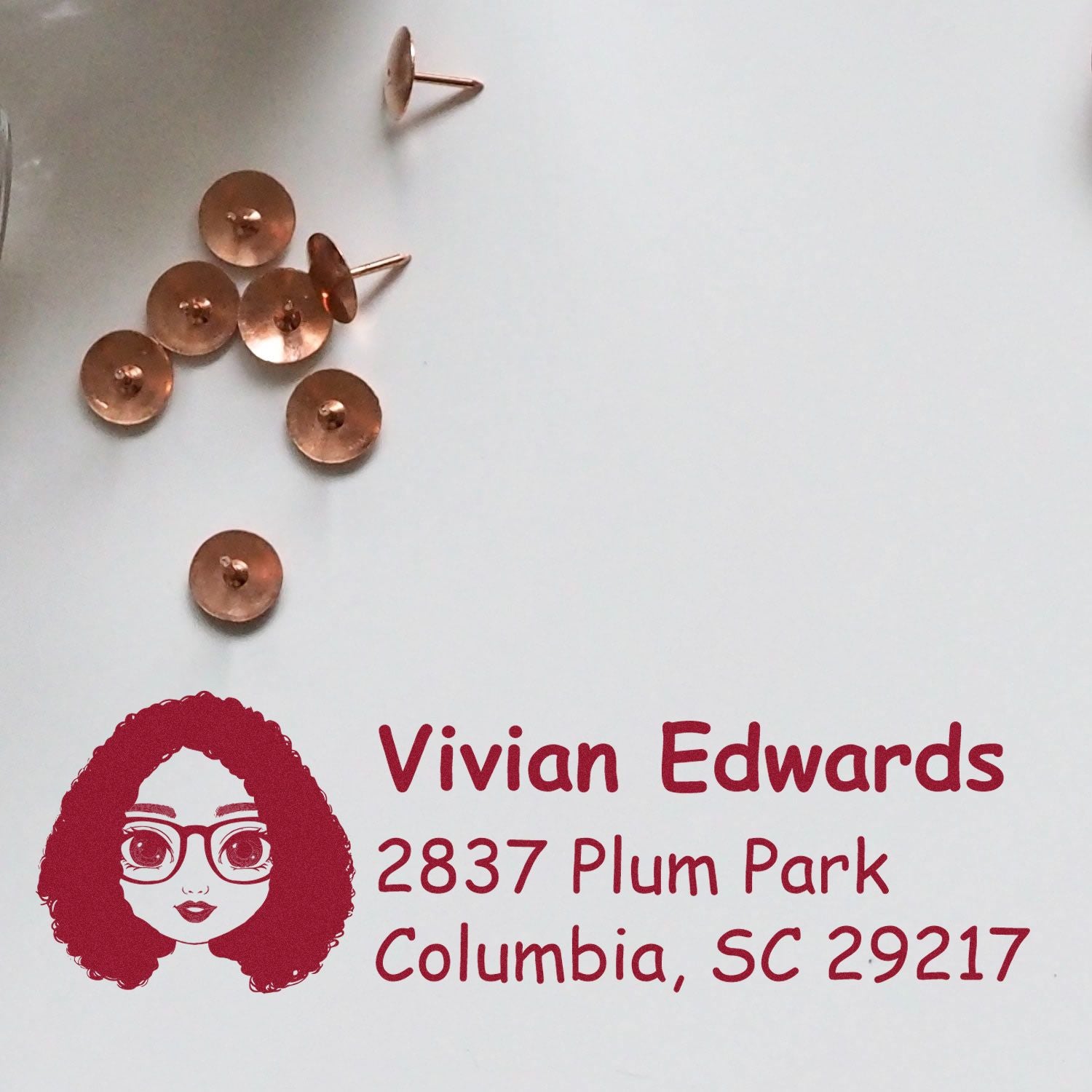 Personalized return address rubber stamp for Vivian Edwards, 2837 Plum Park, Columbia, SC, with custom portrait logo.