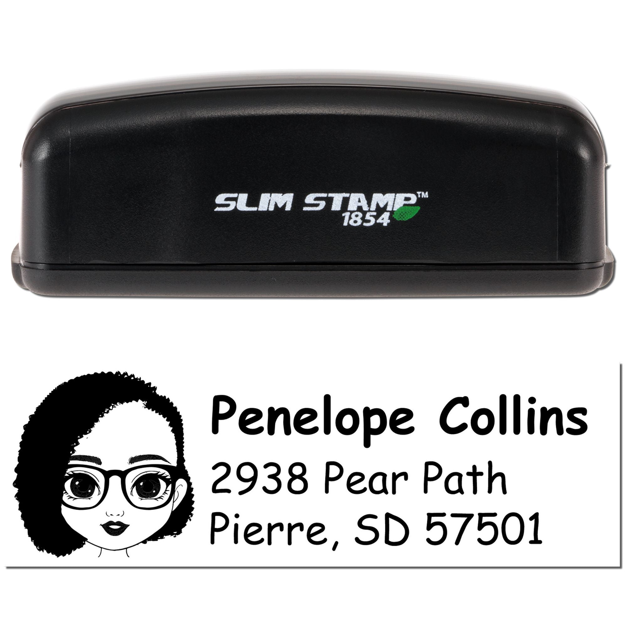 Slim Stamp 1854 self-inking rubber stamp with custom return address imprint for Penelope Collins, Pierre, SD 57501.