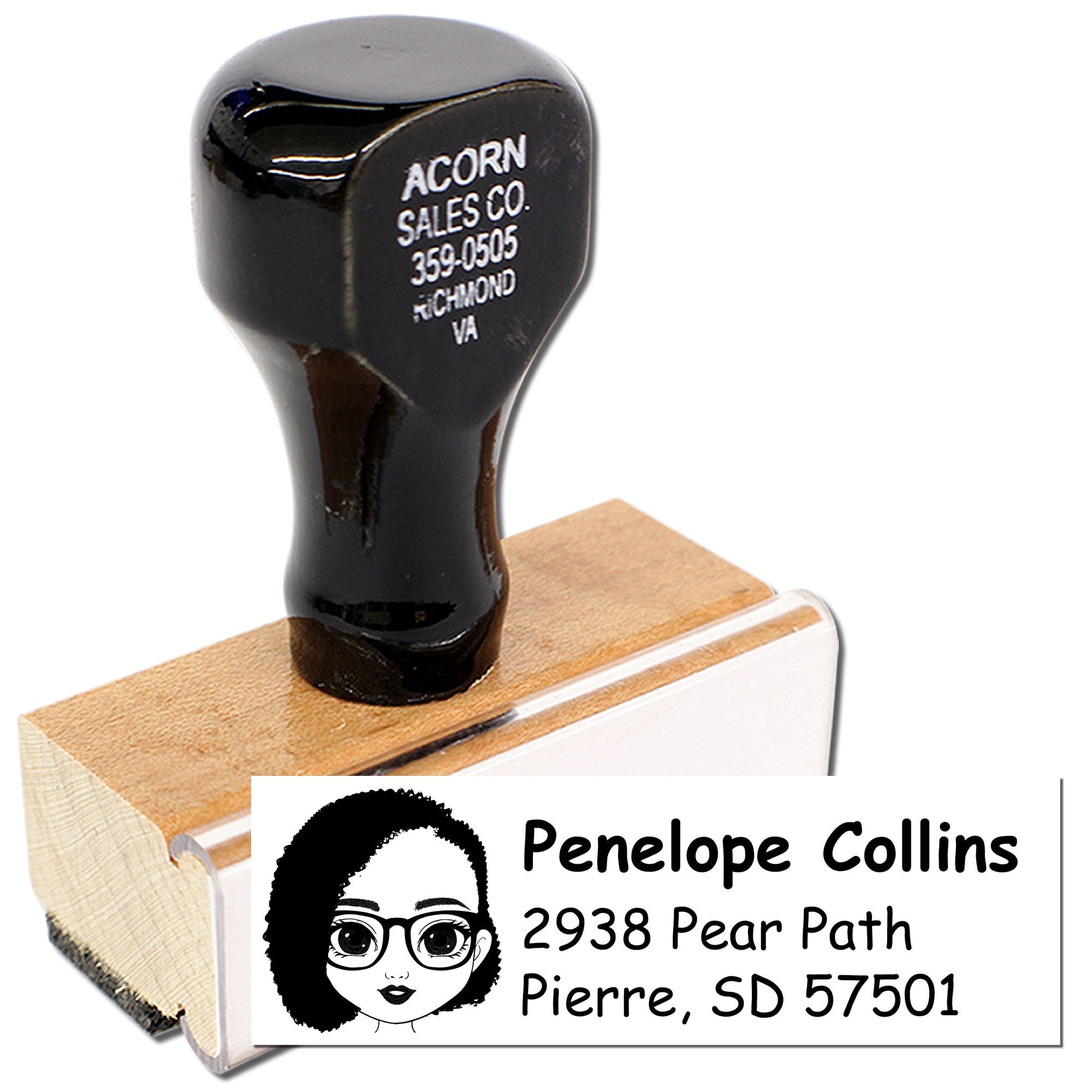 Custom rubber address stamp with name and mailing address, shown on a wood mount for personalized return-address use.