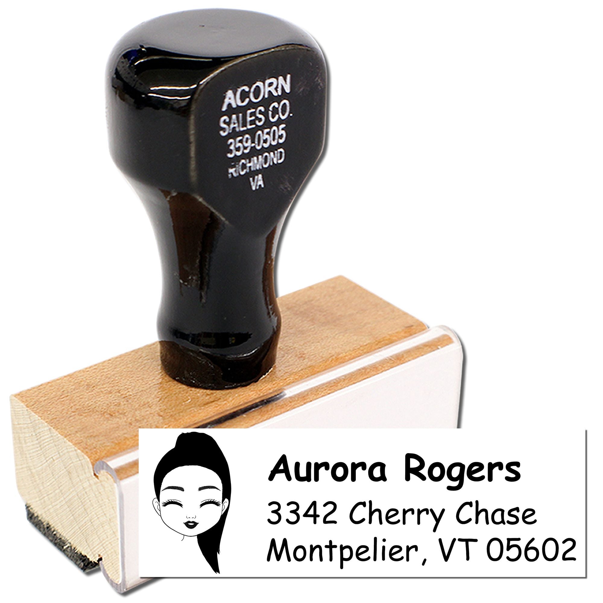 Custom address rubber stamp with wooden handle and sample imprint for Aurora Rogers, Montpelier, VT 05602.