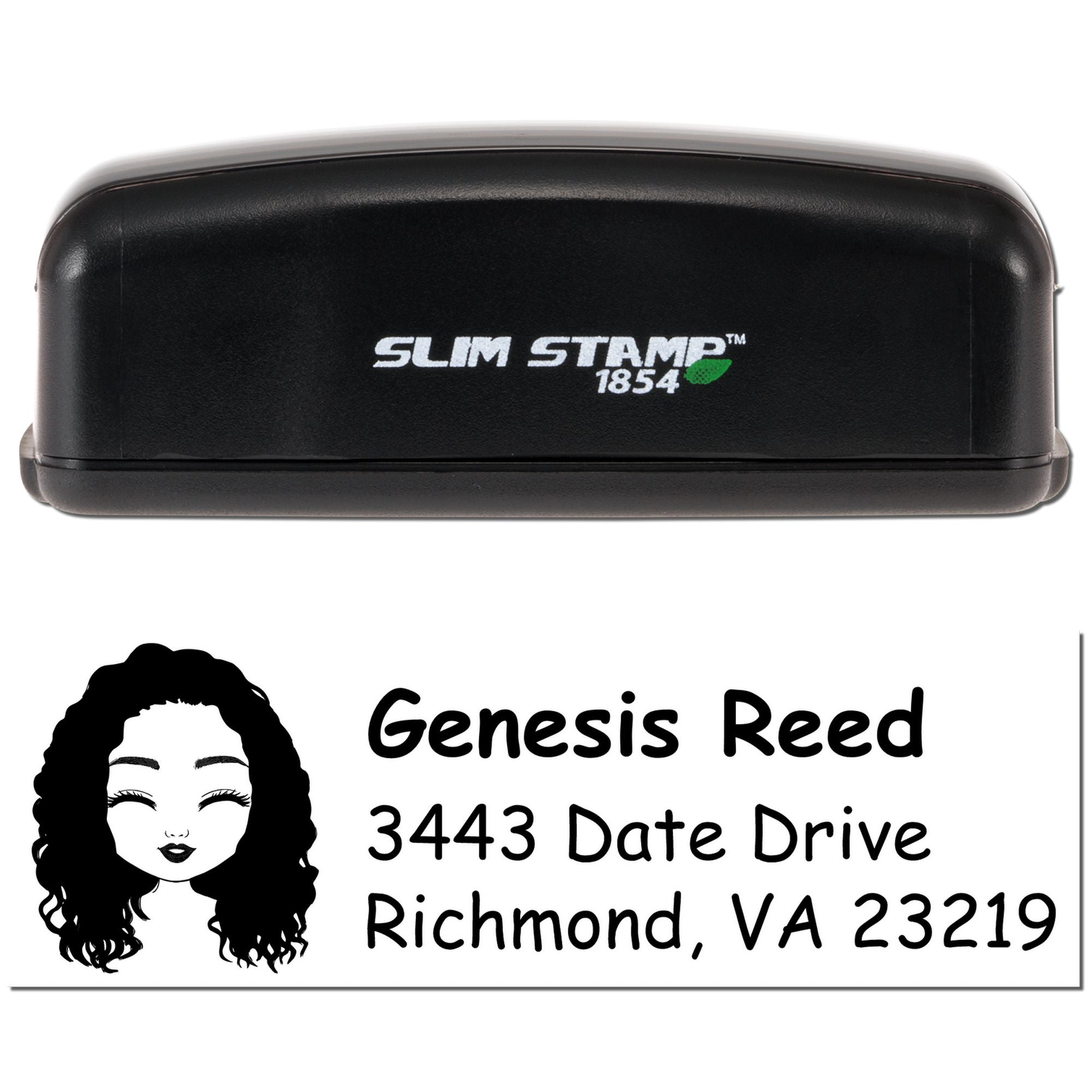 Custom return address rubber stamp, Slim Stamp 1854, with Genesis Reed logo and Richmond, VA 23219.