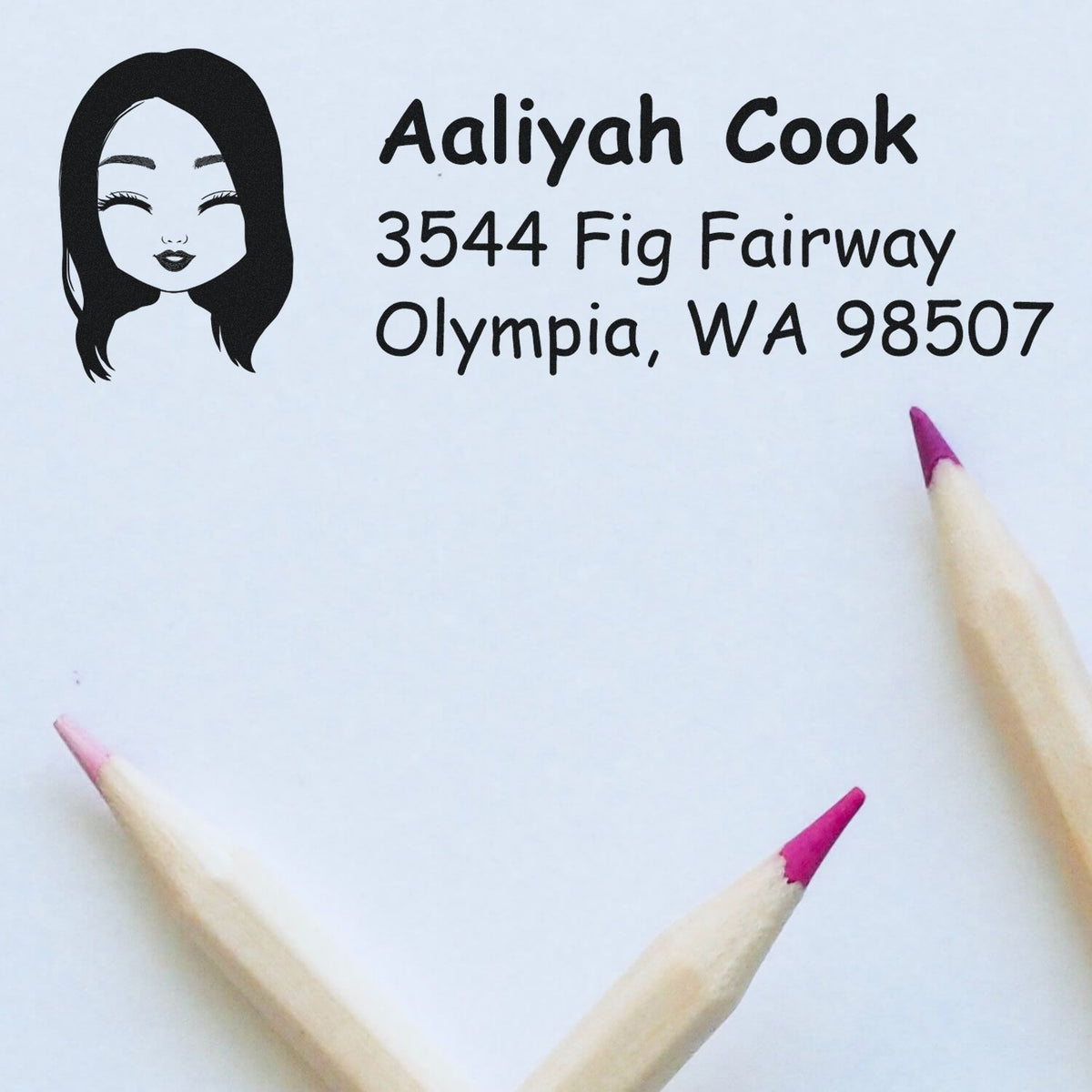 Custom return address rubber stamp with female avatar, Aaliyah Cook, Olympia, WA 98507.