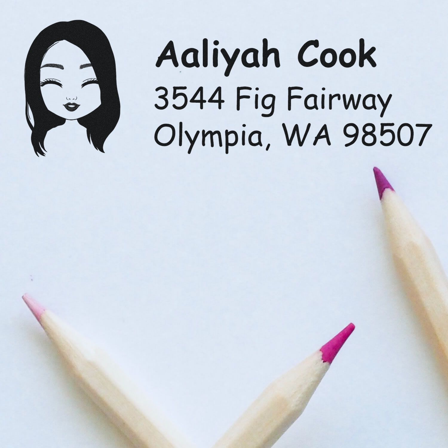 Personalized return address rubber stamp with female avatar design for Aaliyah Cook, Olympia, WA 98507.