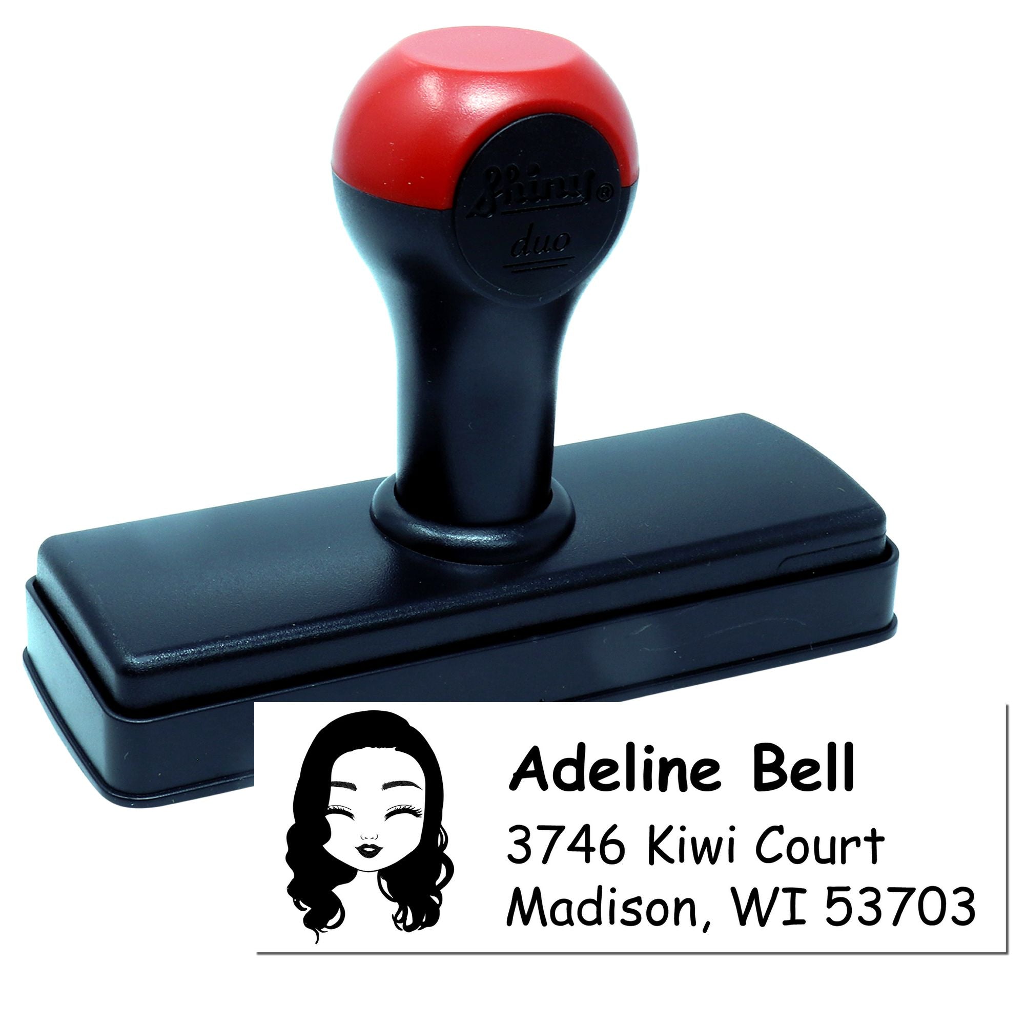 Personalized self-inking rubber address stamp with custom name and mailing address for envelopes and return labels.