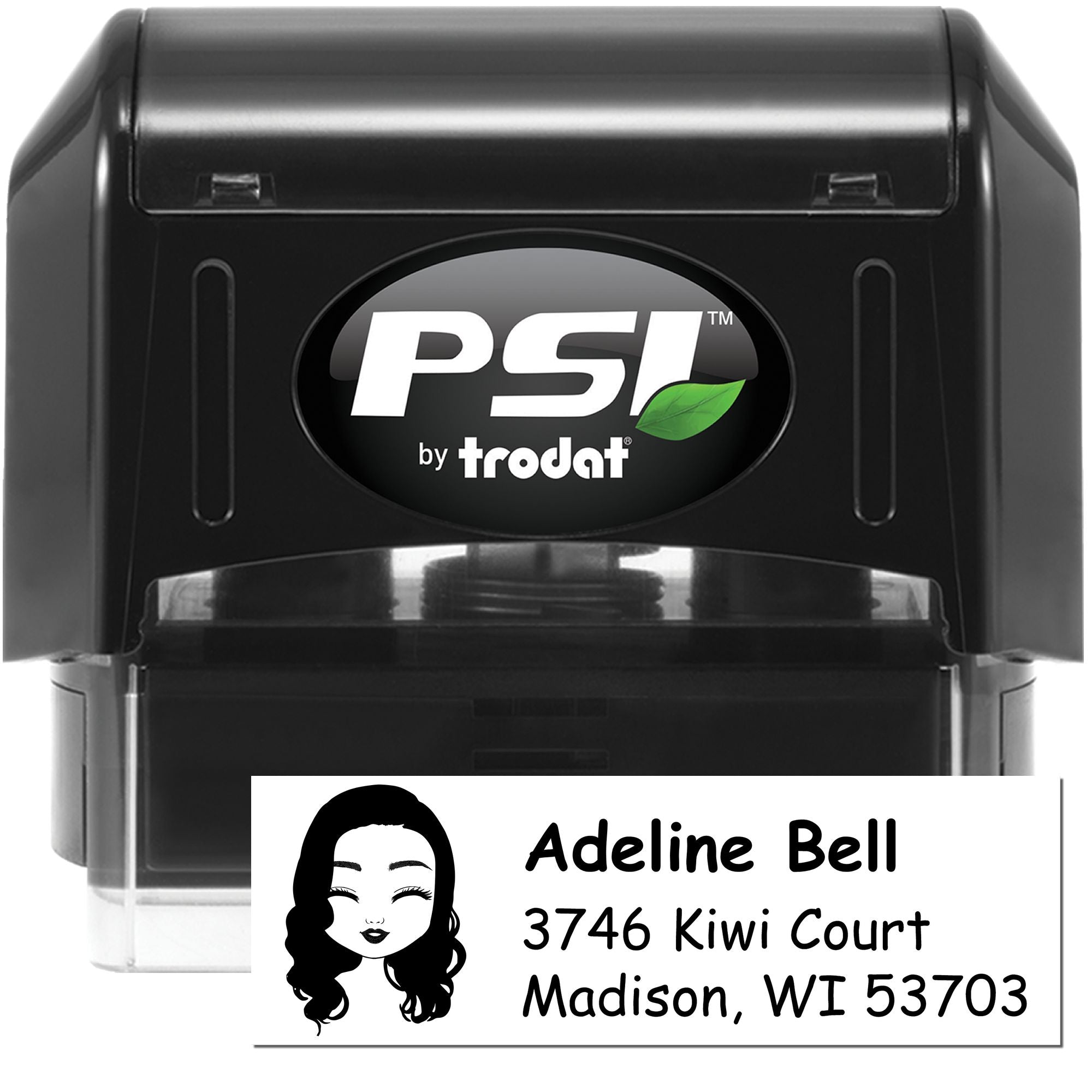Custom self-inking address rubber stamp by PSI Trodat for Adeline Bell, 3746 Kiwi Court, Madison, WI 53703