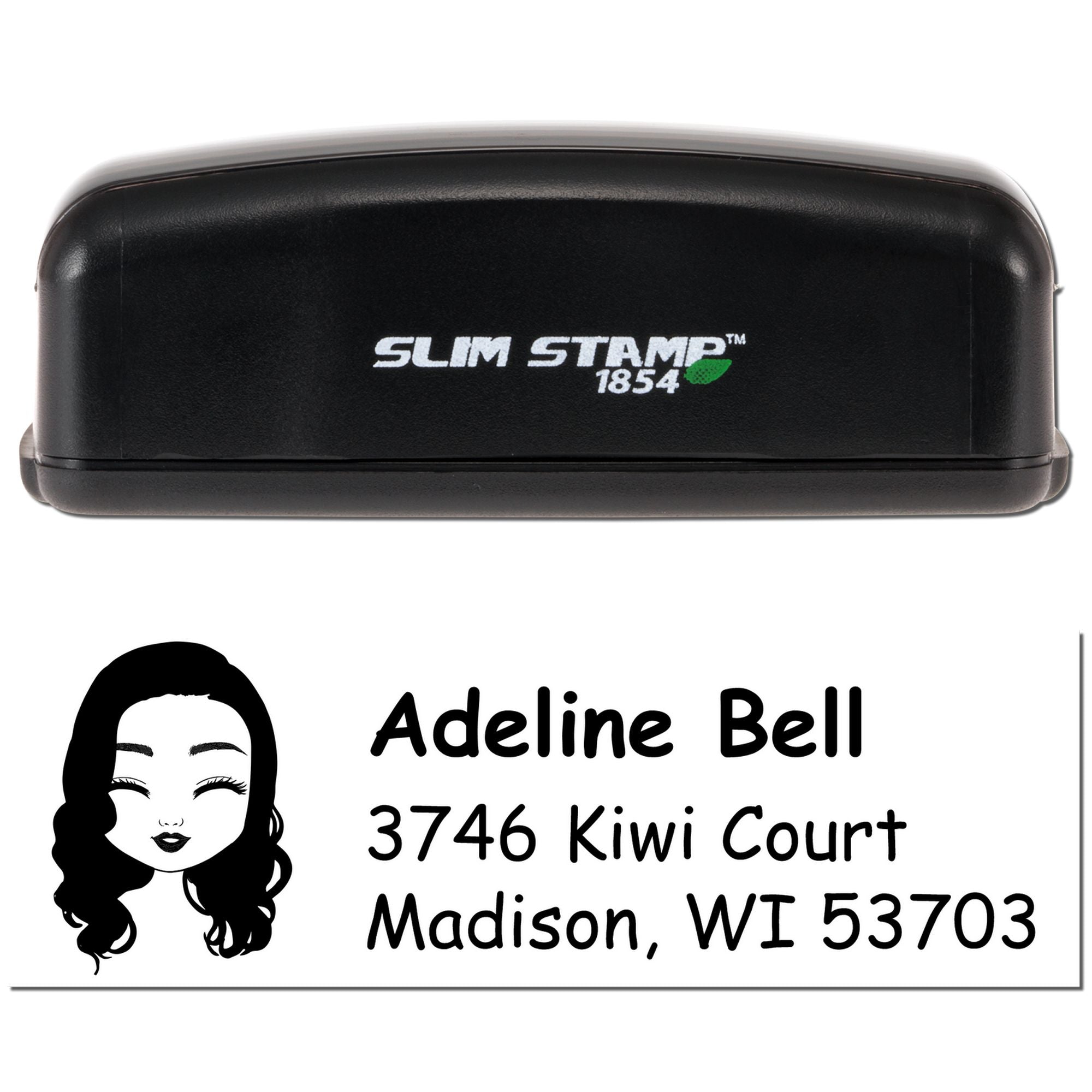 Custom Slim Stamp 1854 self-inking address rubber stamp for Adeline Bell, featuring logo and Madison, WI 53703 return address.