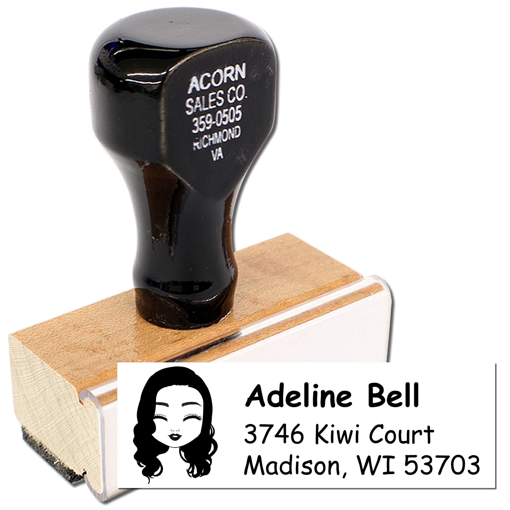 Custom return address rubber stamp with wood handle, showing personalized name and address imprint for mailing.