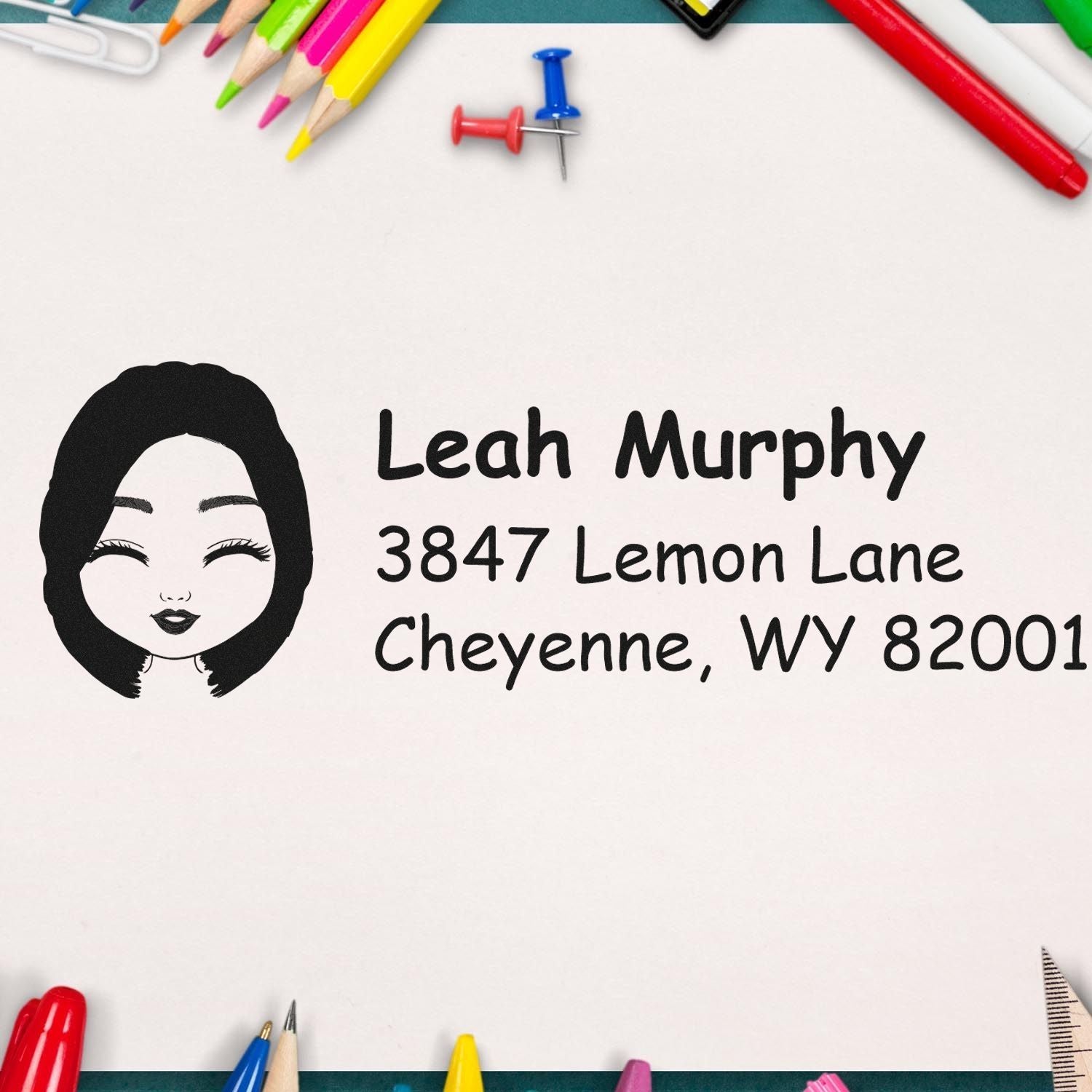 Custom return address rubber stamp with name and address, ideal for mailing envelopes and stationery.