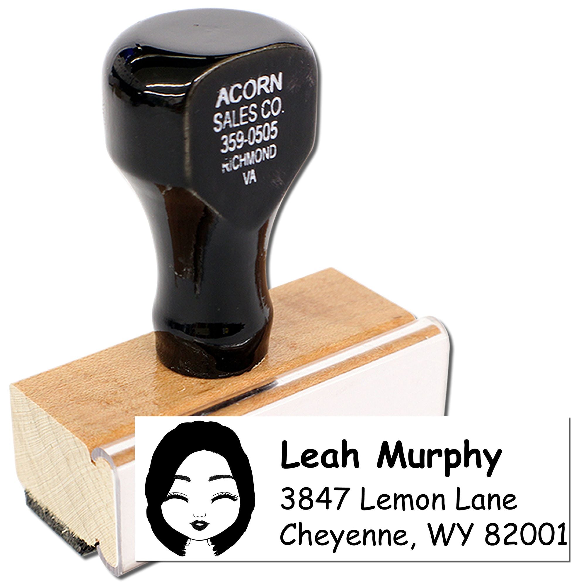 Custom self-inking rubber address stamp for envelopes, featuring personalized name and return address for business mailing.