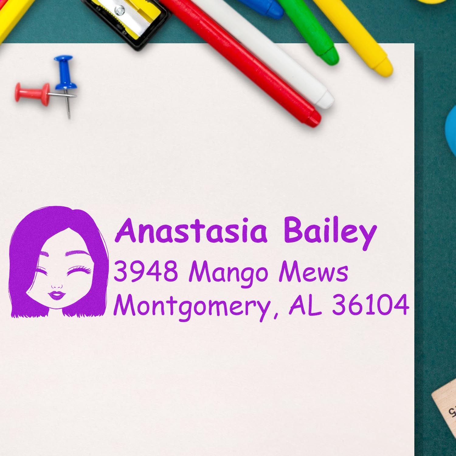 Custom rubber address stamp with avatar, name, and mailing address for personalized business or return mail use.