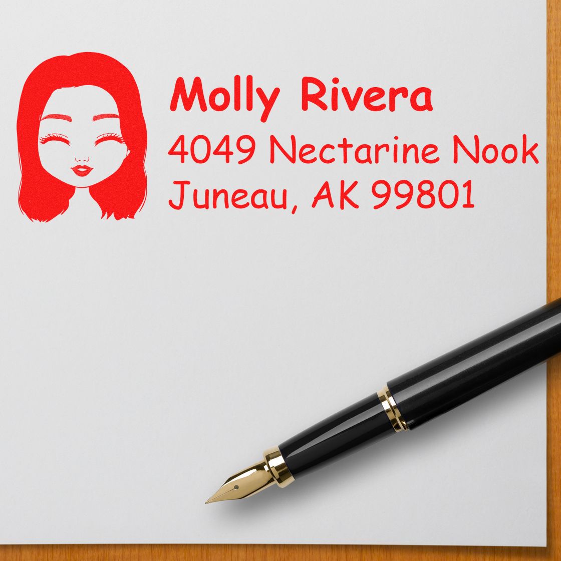 Custom return address rubber stamp for Molly Rivera, 4049 Nectarine Nook, Juneau, AK 99801, with portrait logo.
