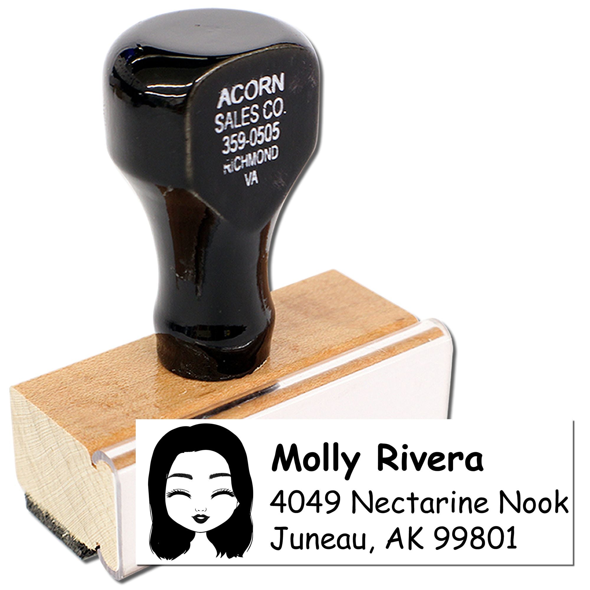Custom rubber address stamp with name and return address for personalized mailing, envelopes, and business branding.