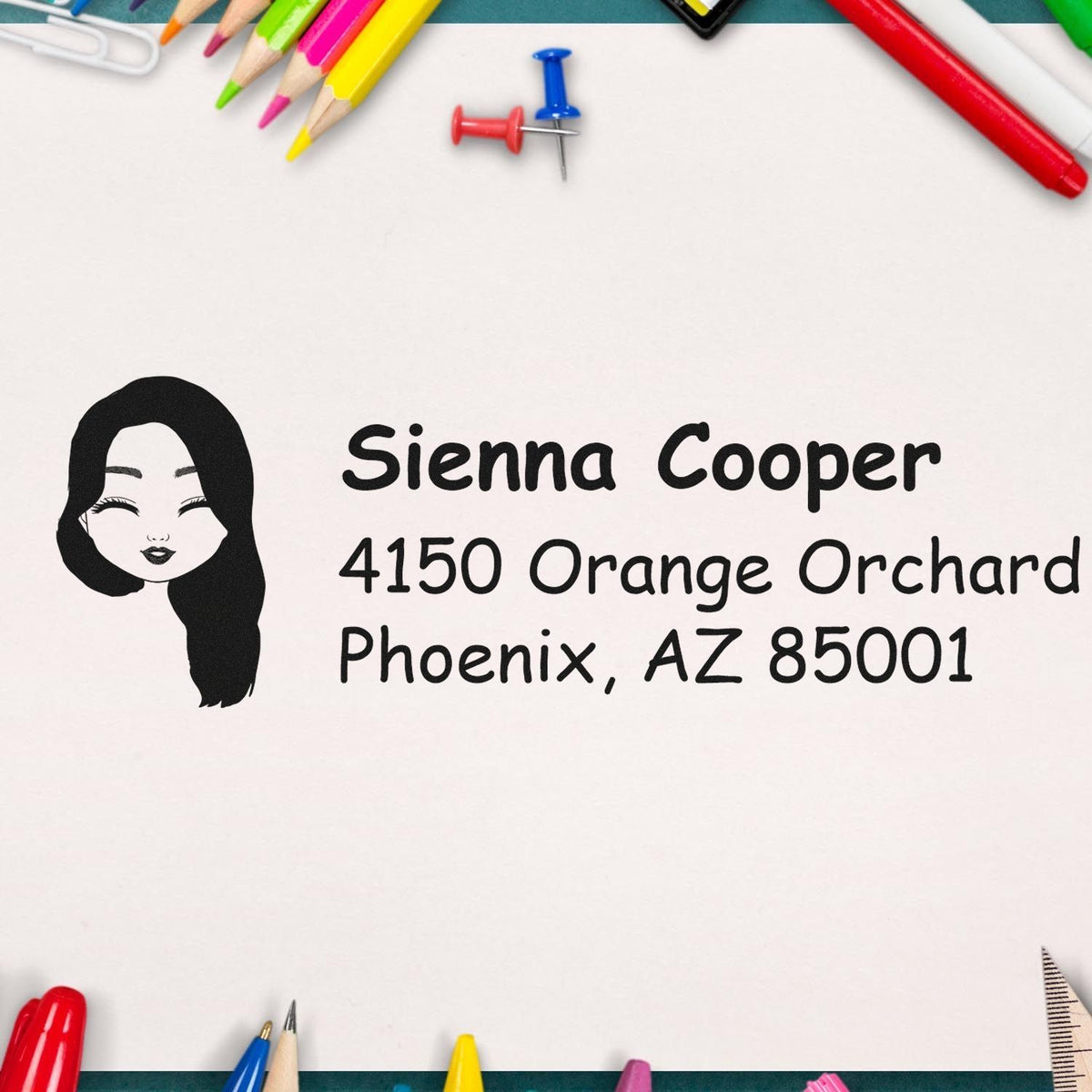 Custom return address rubber stamp for Sienna Cooper, Phoenix, AZ, with illustrated portrait logo.