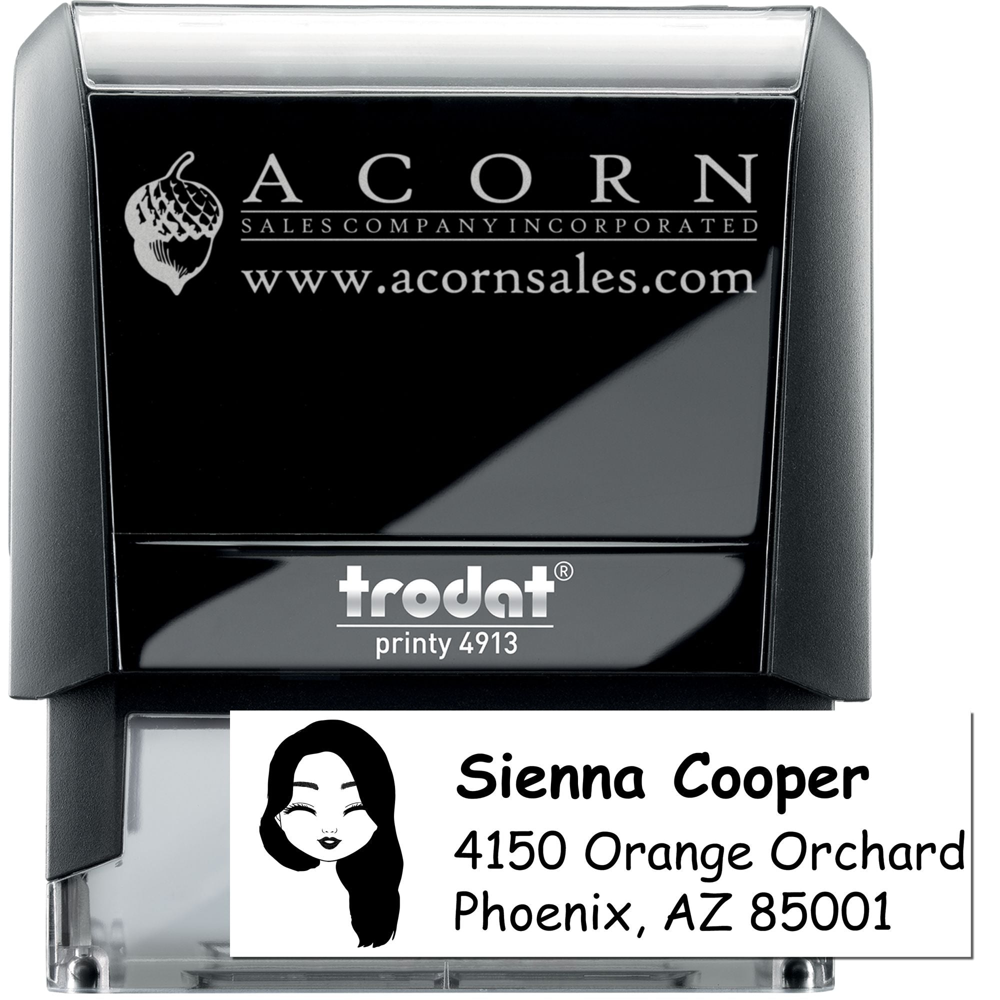 Custom self-inking rubber stamp for business logo and address imprints, ideal for branding and mailing.