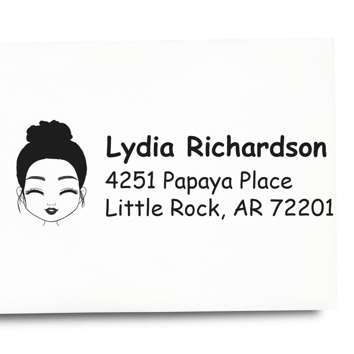 Custom address rubber stamp with Lydia Richardson return address, Little Rock, AR 72201.