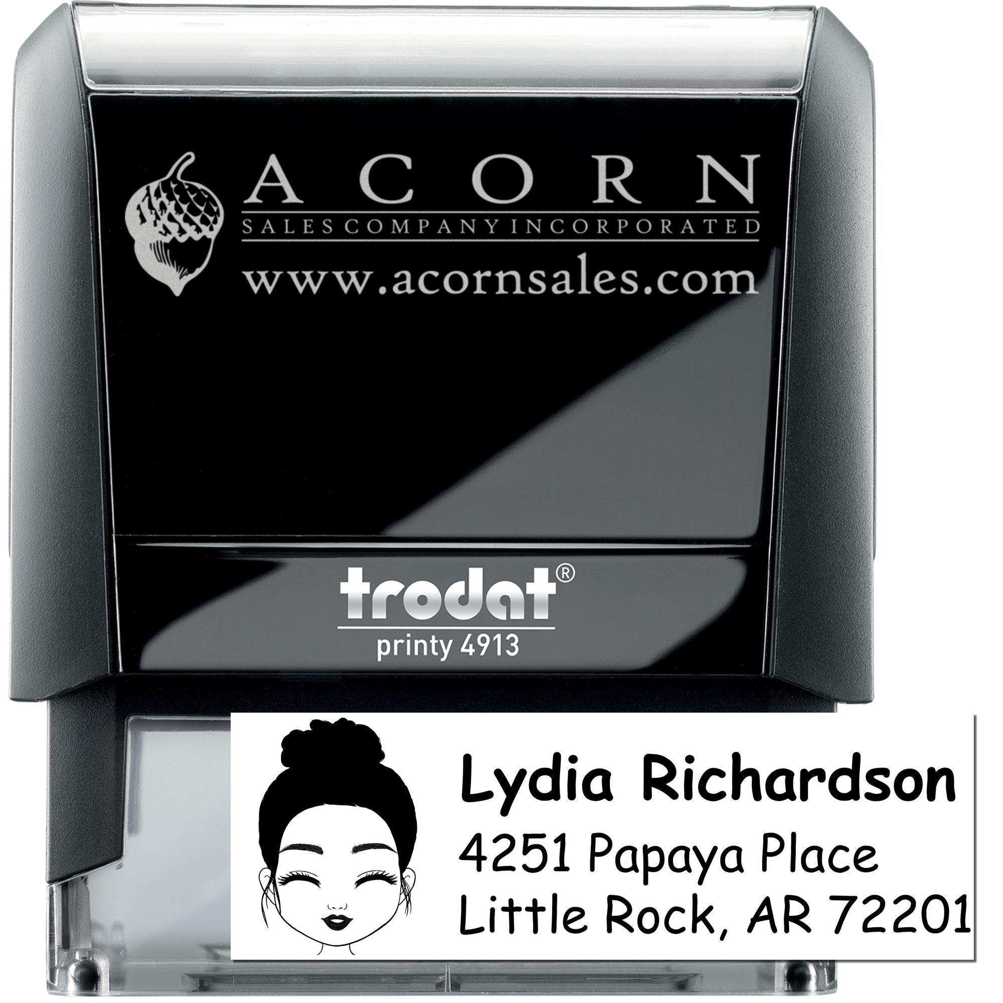Custom self-inking rubber stamp with logo, name and address for business branding, mailing, and return address use.