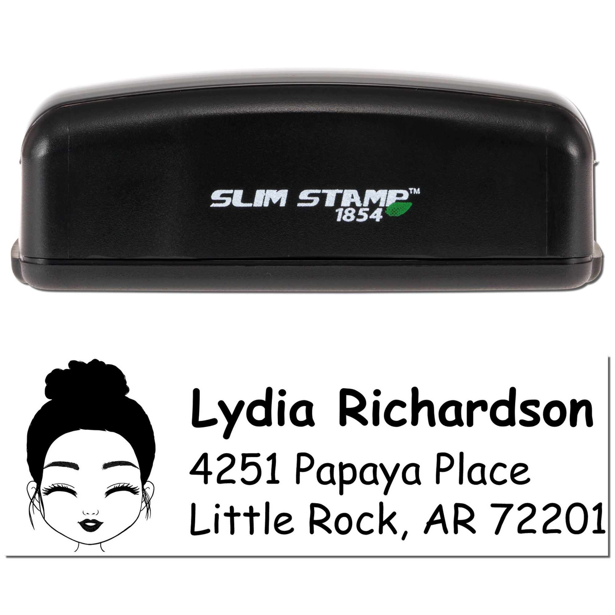 Self-inking custom address rubber stamp with Slim Stamp 1854 and personalized return address for Lydia Richardson.