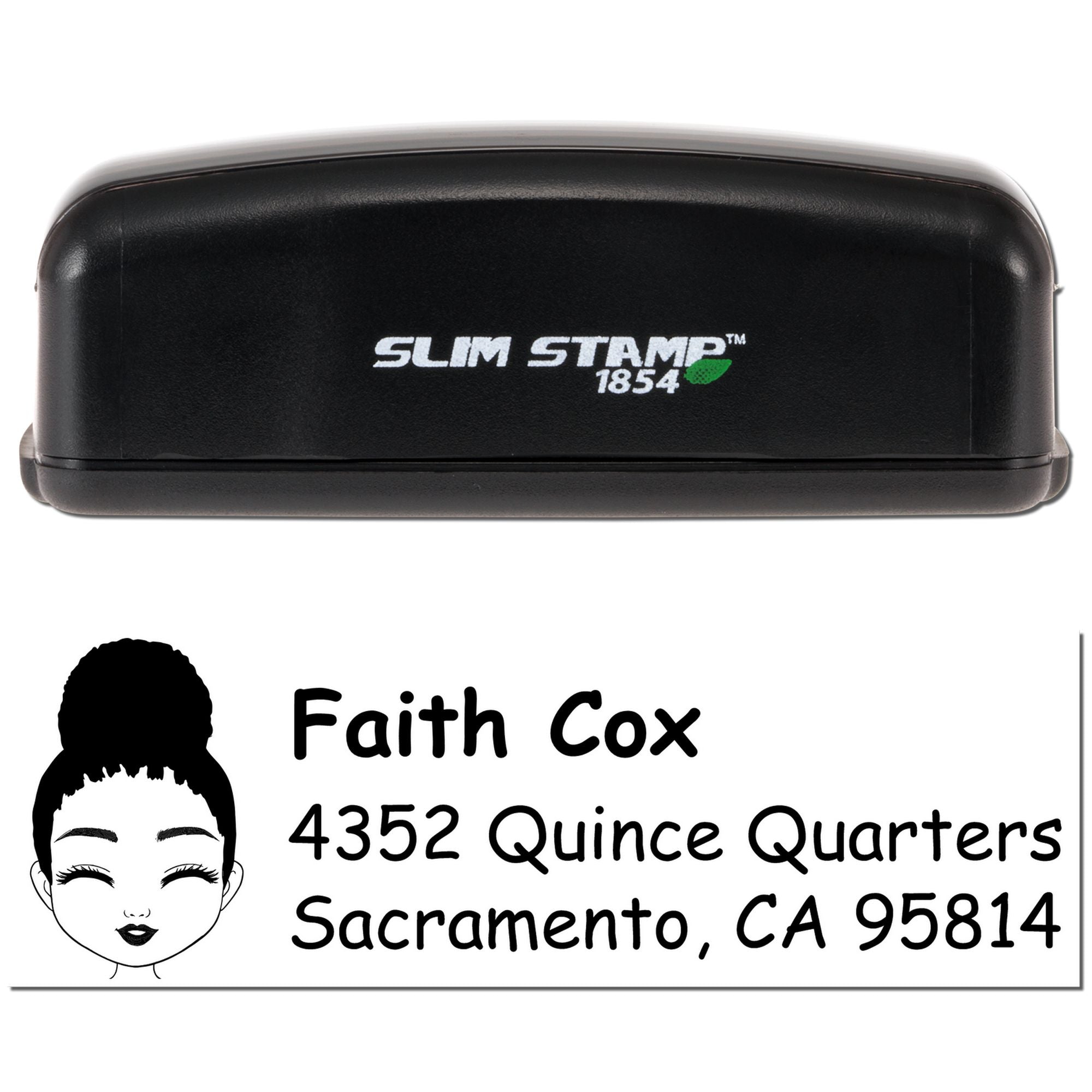 Slim Stamp 1854 custom rubber address stamp with return address for Faith Cox, Sacramento, CA.