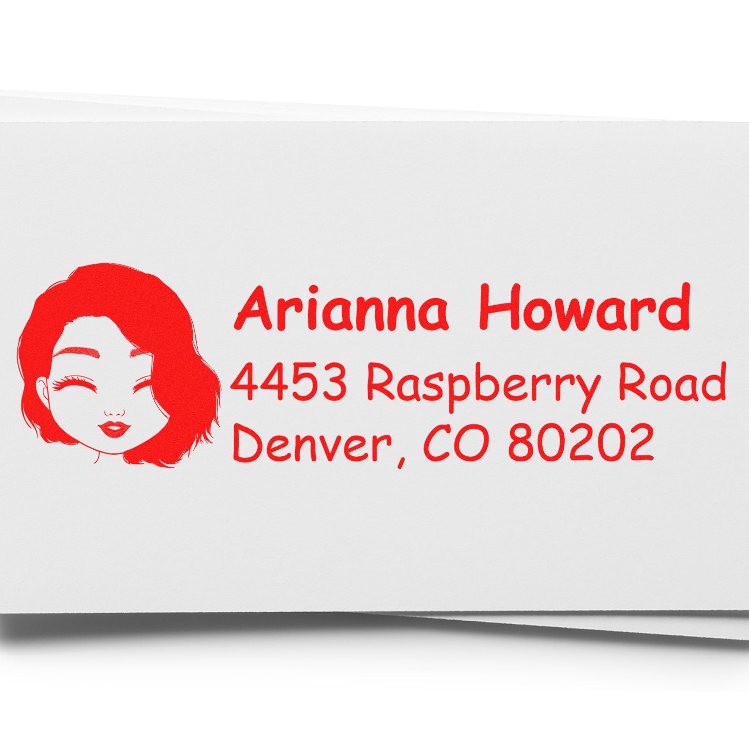 Custom personalized rubber stamp return address for Arianna Howard, Denver, CO 80202, with woman illustration design