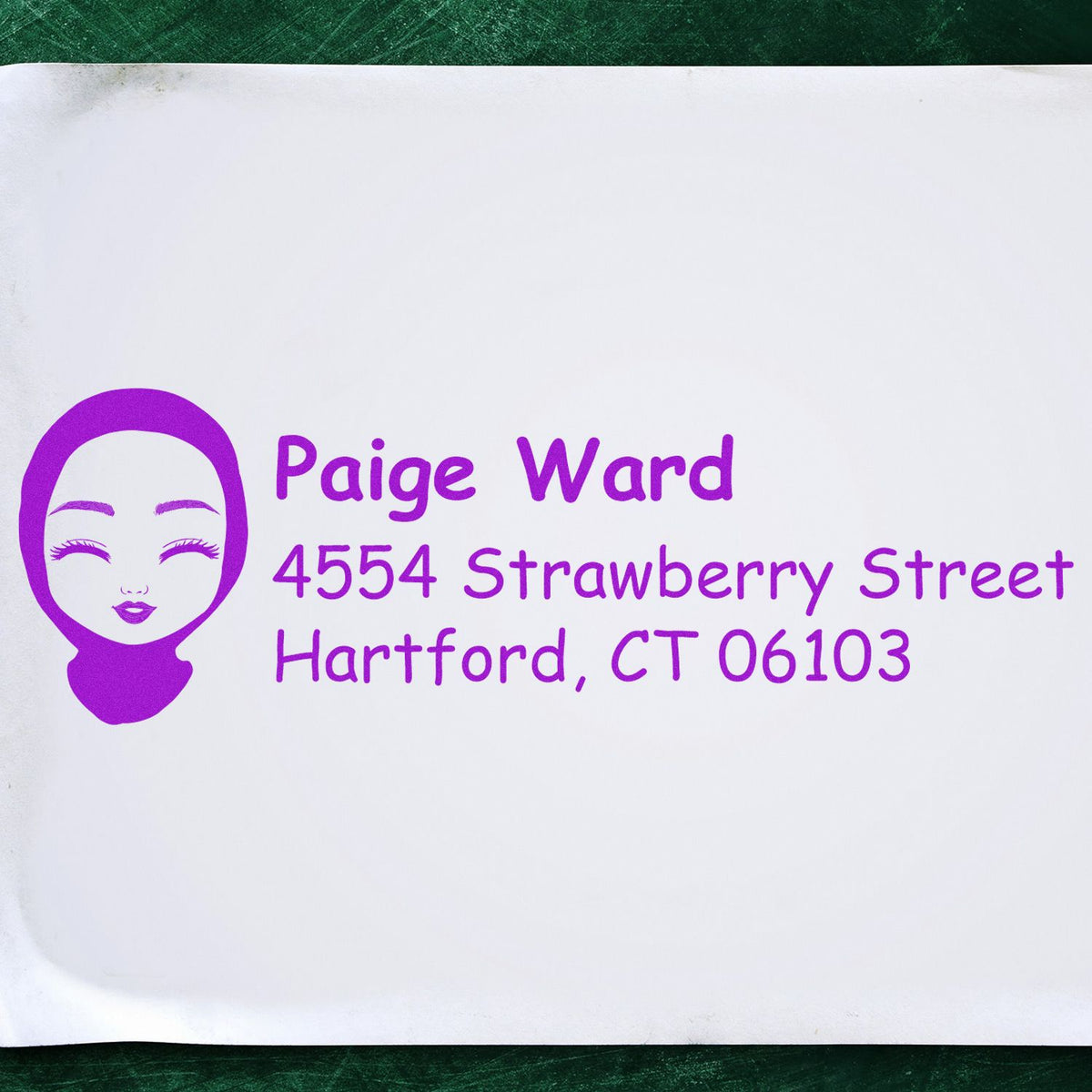 Custom rubber address stamp for Paige Ward, 4554 Strawberry Street, Hartford, CT 06103, with purple decorative icon.