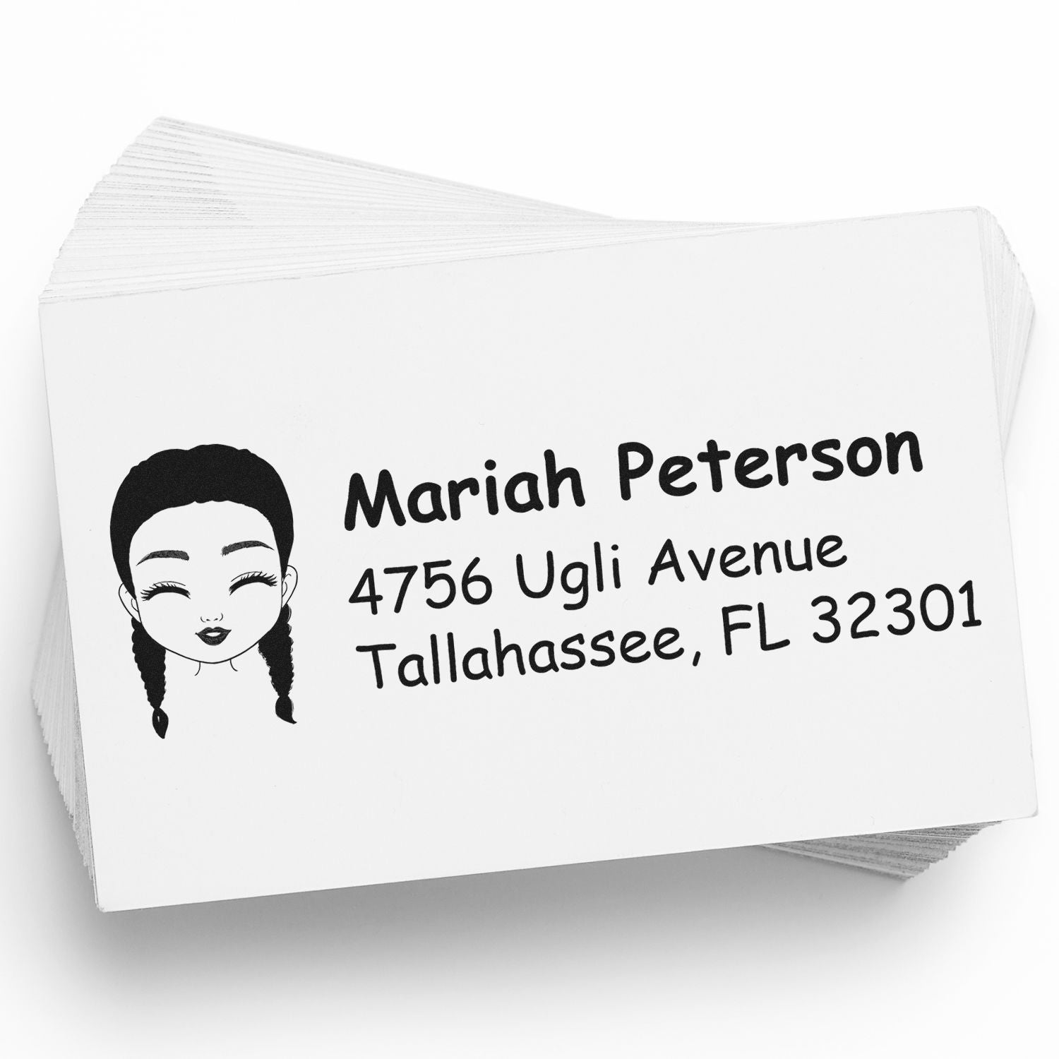 Personalized return address rubber stamp with name, street address, city, and custom portrait for mailing envelopes.
