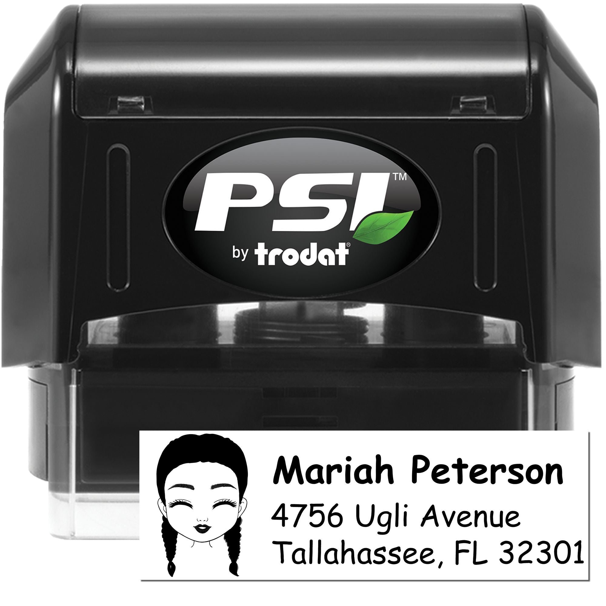 PSI by Trodat self-inking rubber stamp with custom return address imprint for personalized mailing and office use.