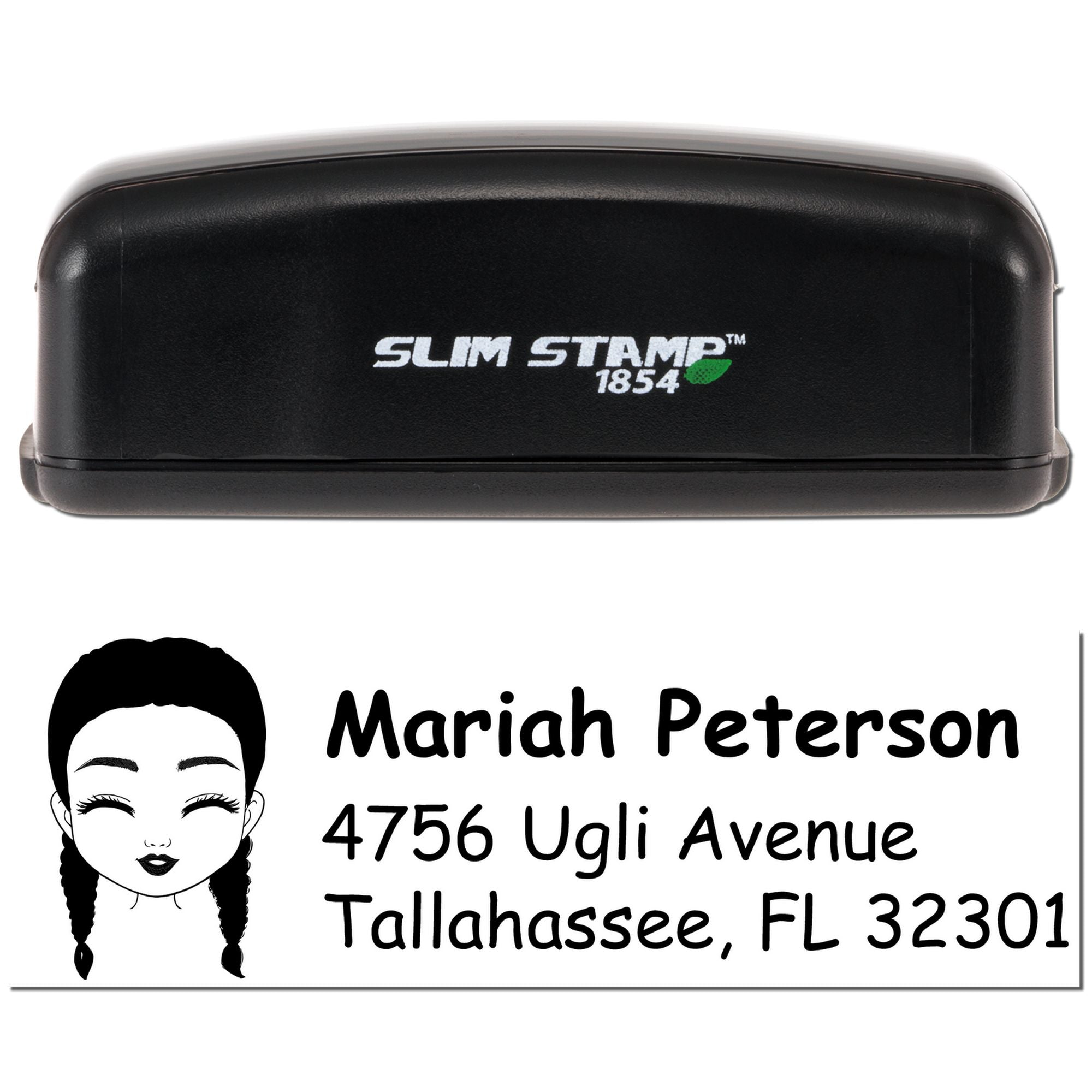 Custom self-inking rubber address stamp for Mariah Peterson, Tallahassee, FL 32301, with female silhouette design.