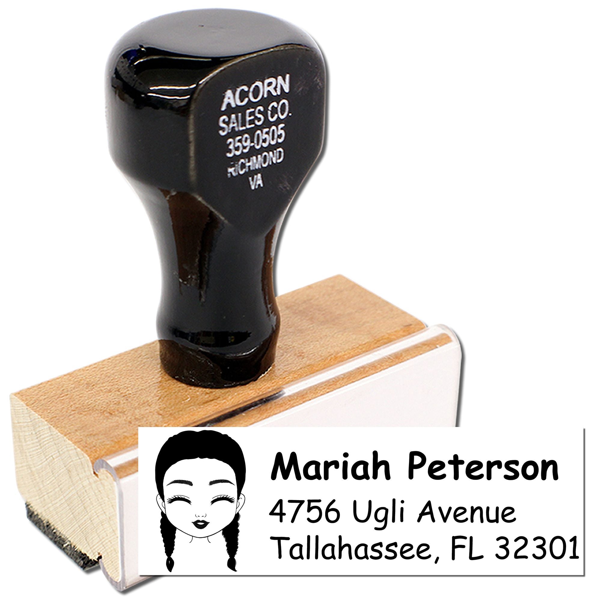 Custom wooden rubber address stamp with personalized name and mailing address for home business, weddings, and stationery.