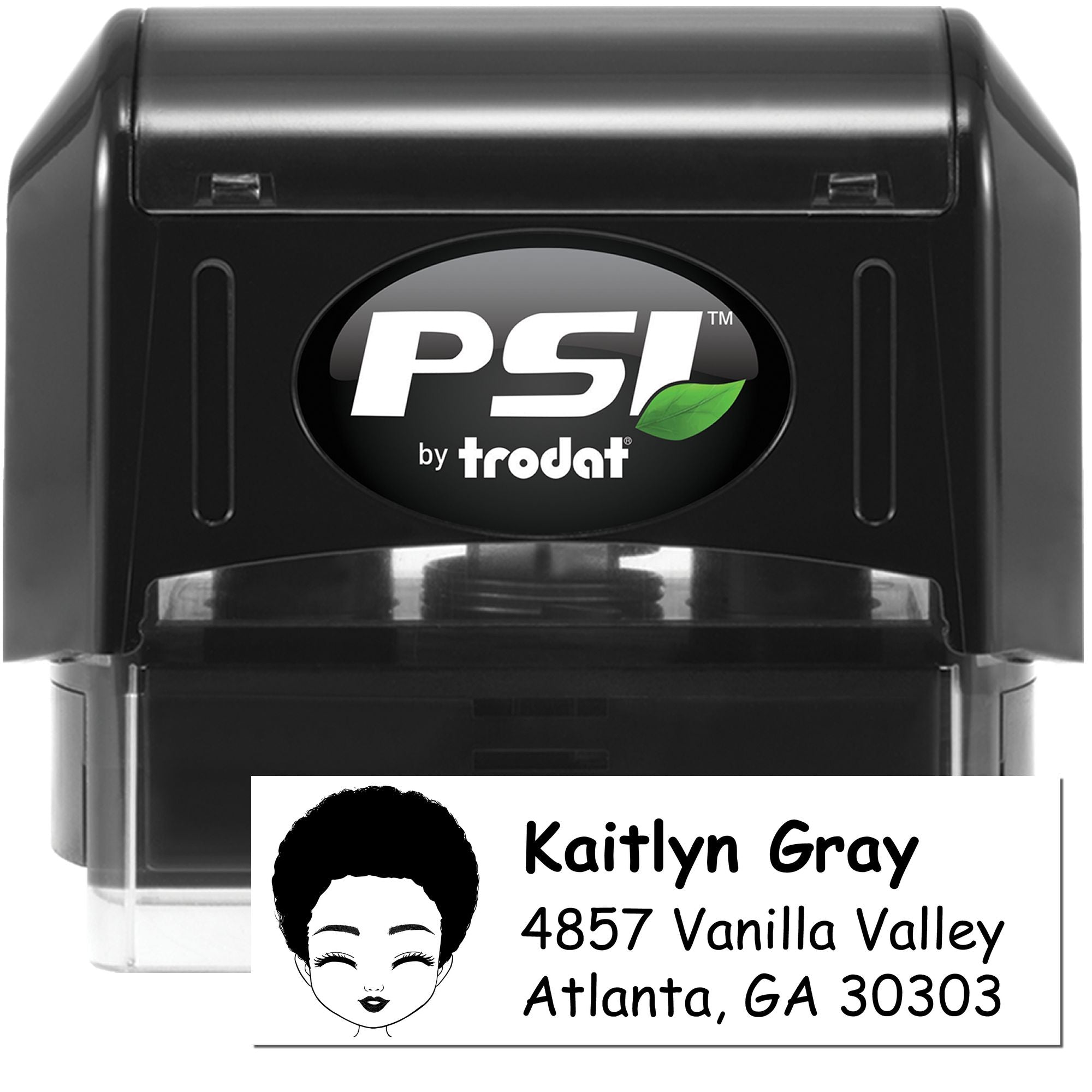 PSI by Trodat self-inking rubber stamp with custom return address design for mailing and business use.