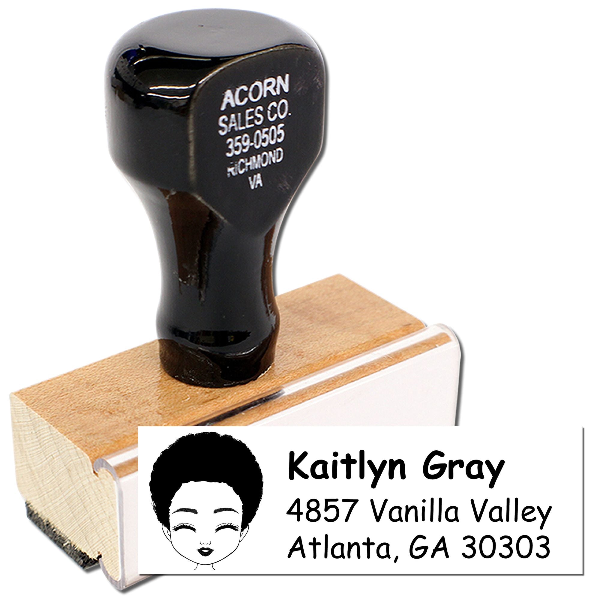 Custom rubber address stamp with personalized name and address imprint for mailing, business branding, and return addresses.